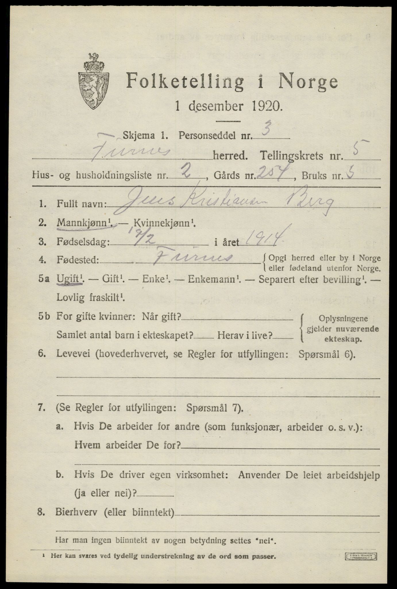 SAH, 1920 census for Furnes, 1920, p. 7109