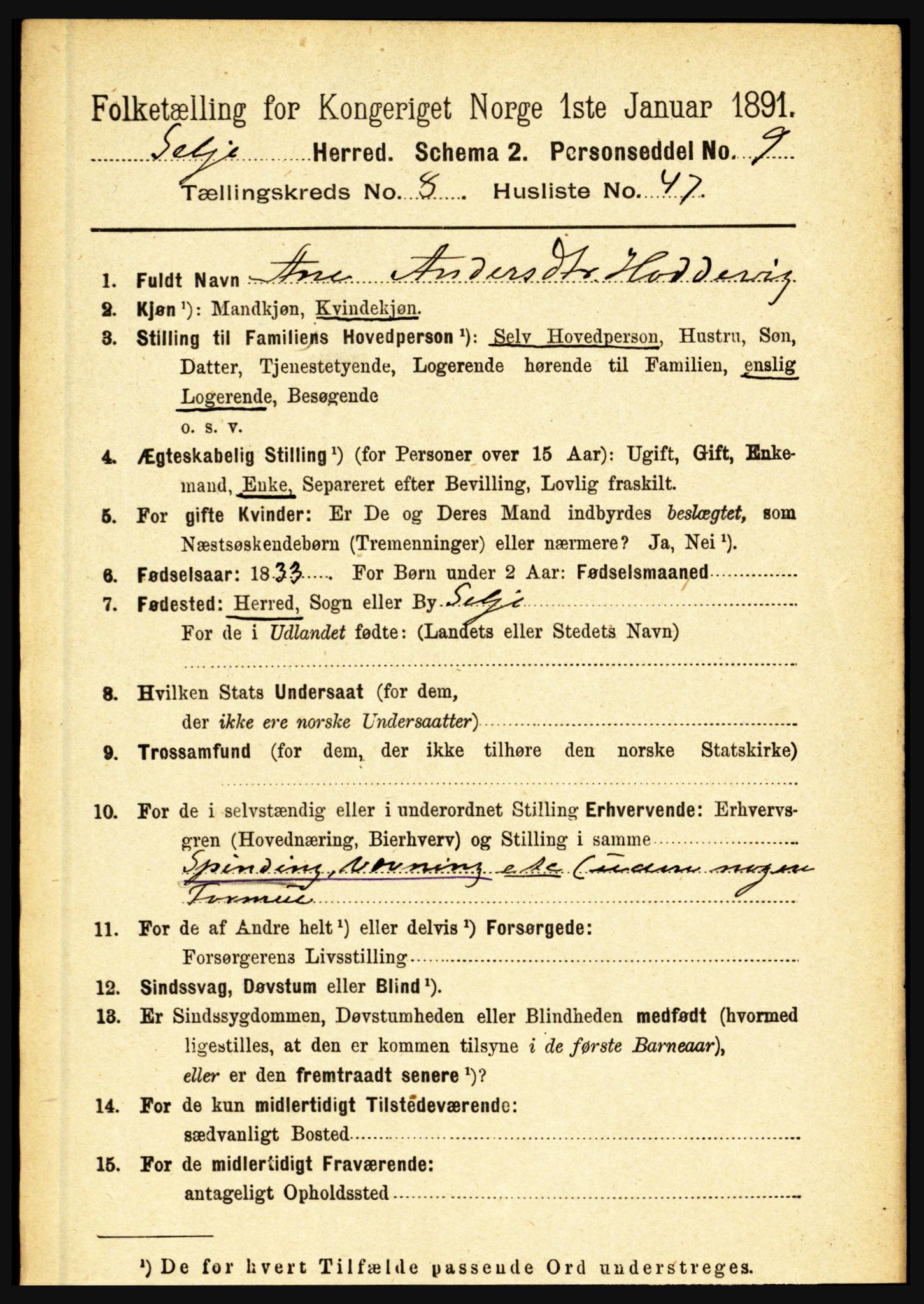 RA, 1891 census for 1441 Selje, 1891, p. 2645