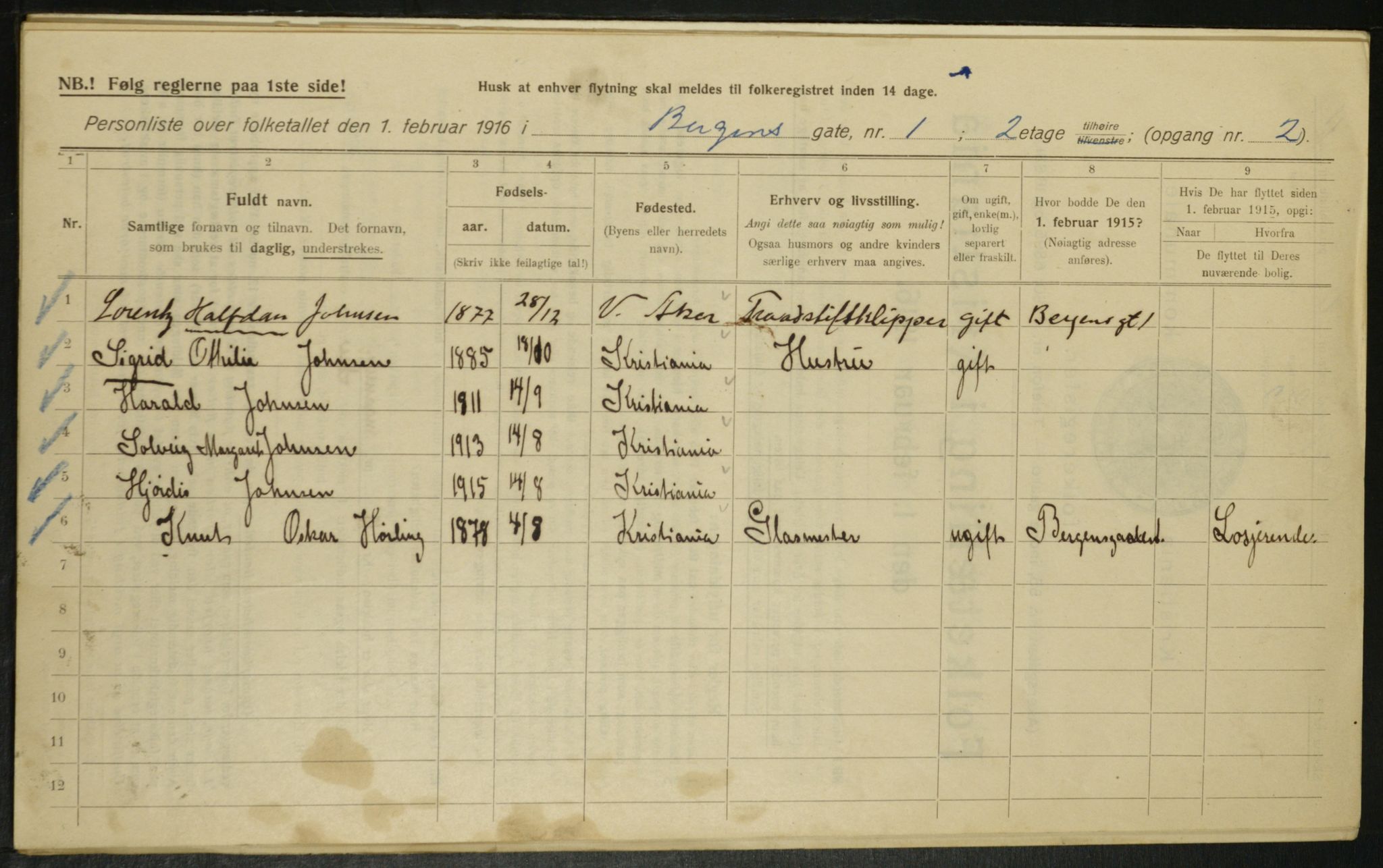 OBA, Municipal Census 1916 for Kristiania, 1916, p. 3768