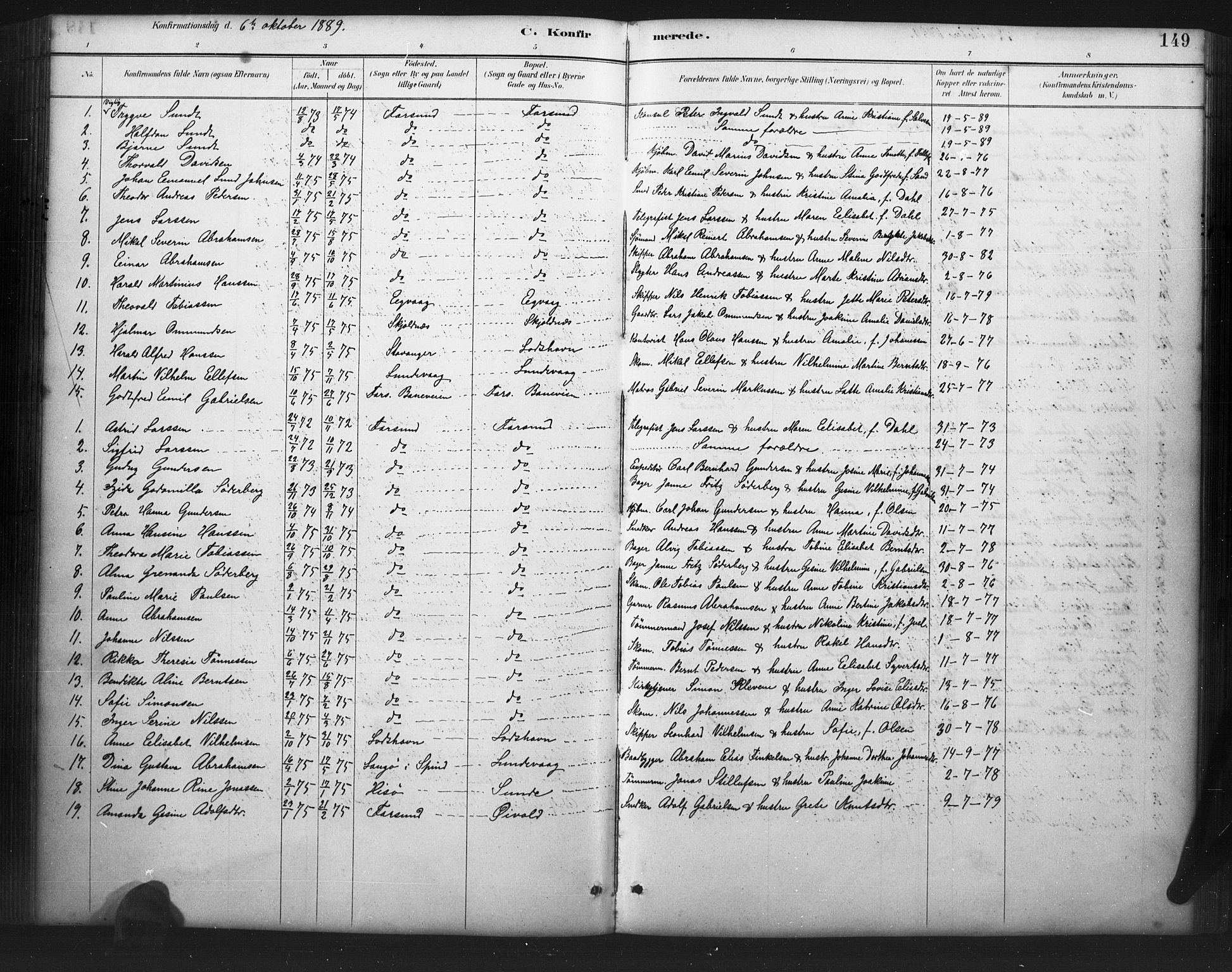 Farsund sokneprestkontor, SAK/1111-0009/F/Fb/L0001: Parish register (copy) no. B 1, 1886-1931, p. 149