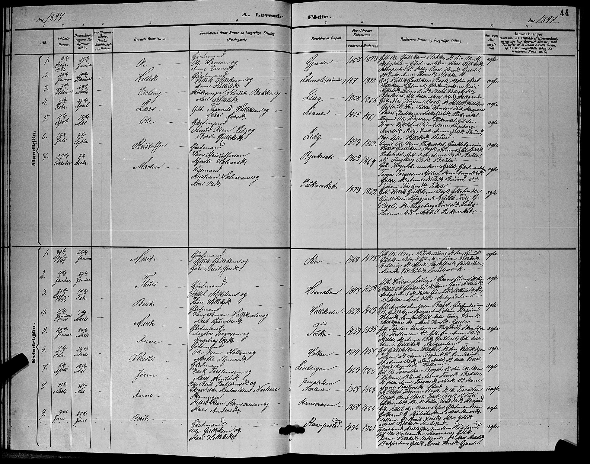 Flesberg kirkebøker, SAKO/A-18/G/Ga/L0004: Parish register (copy) no. I 4 /3, 1890-1898, p. 44