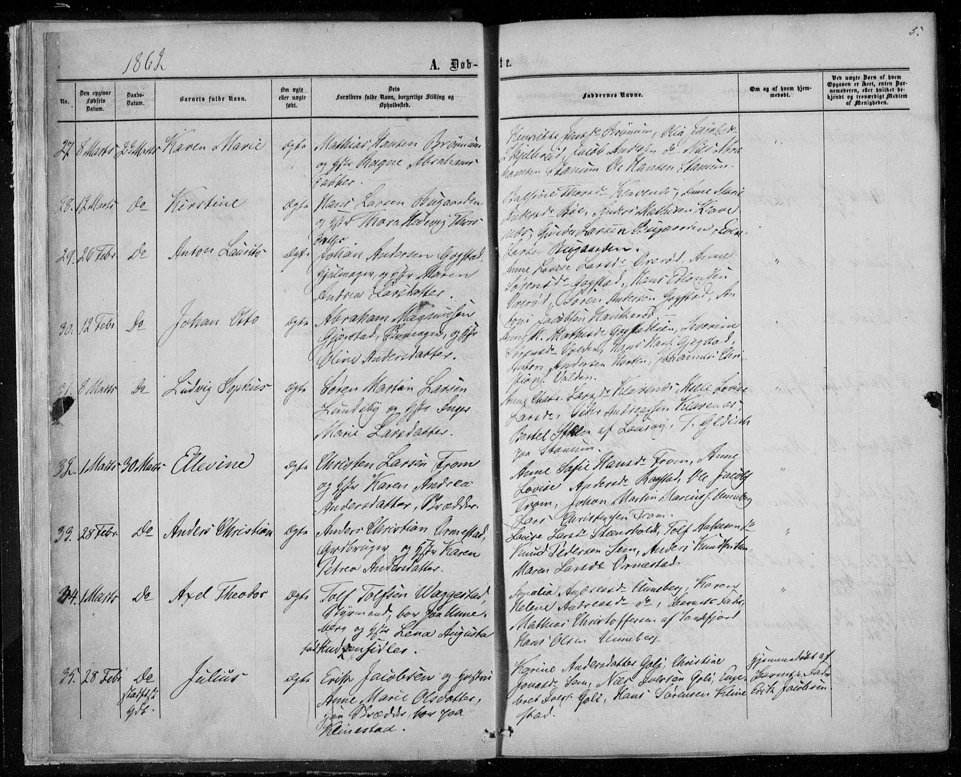 Sandar kirkebøker, AV/SAKO-A-243/F/Fa/L0008: Parish register (official) no. 8, 1862-1871, p. 5