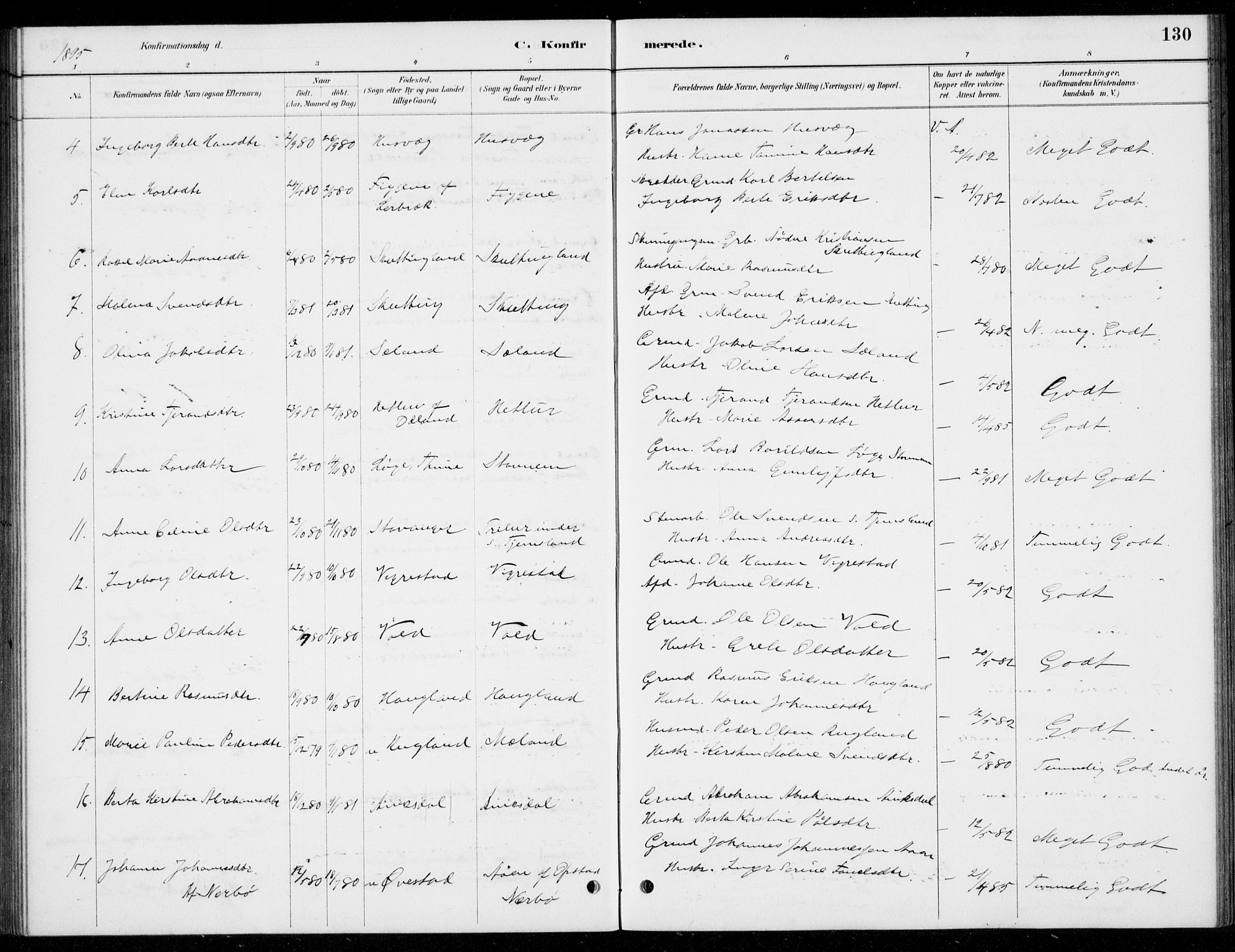 Hå sokneprestkontor, AV/SAST-A-101801/001/30BB/L0004: Parish register (copy) no. B 4, 1883-1899, p. 130