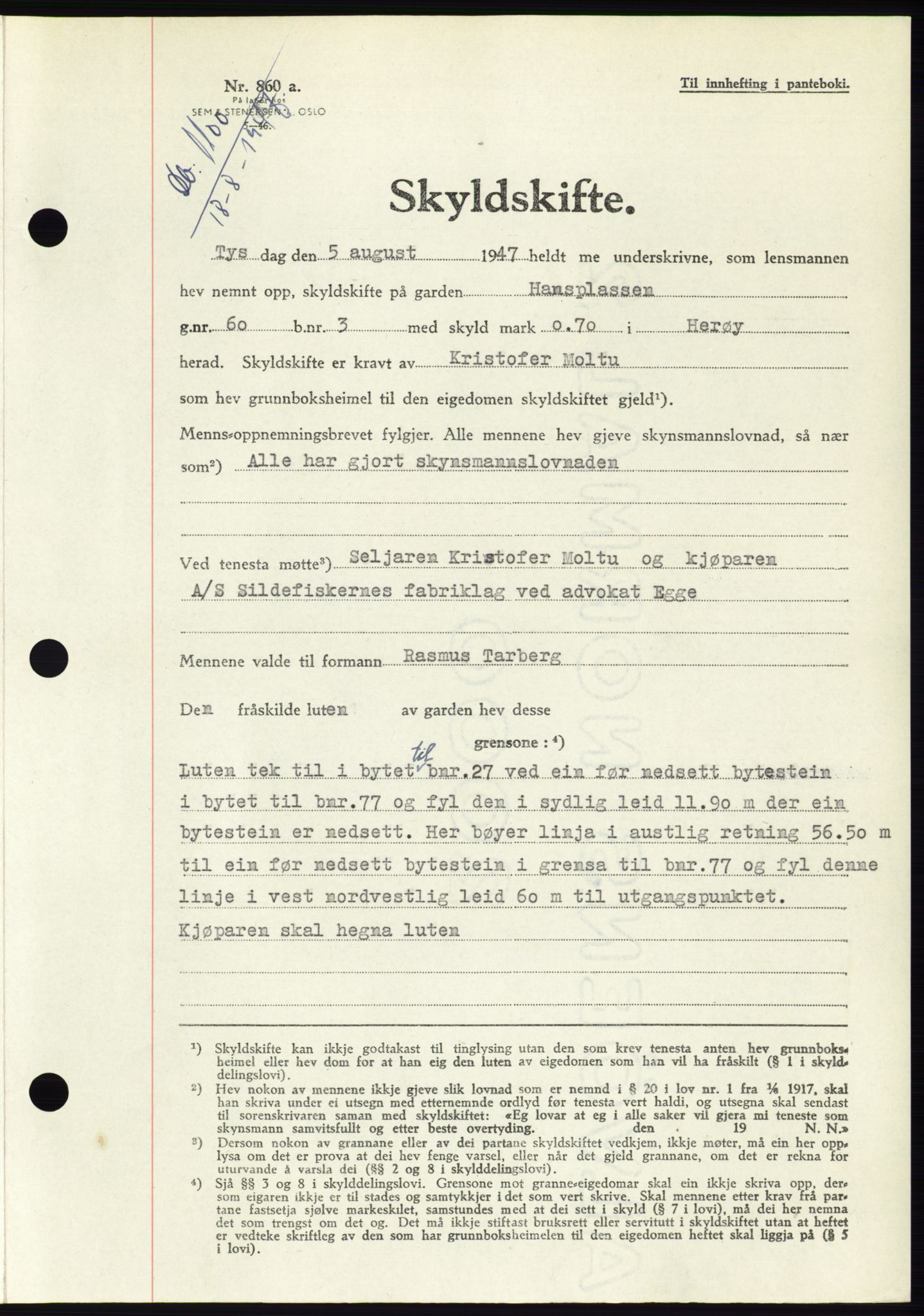 Søre Sunnmøre sorenskriveri, SAT/A-4122/1/2/2C/L0081: Mortgage book no. 7A, 1947-1948, Diary no: : 1100/1947