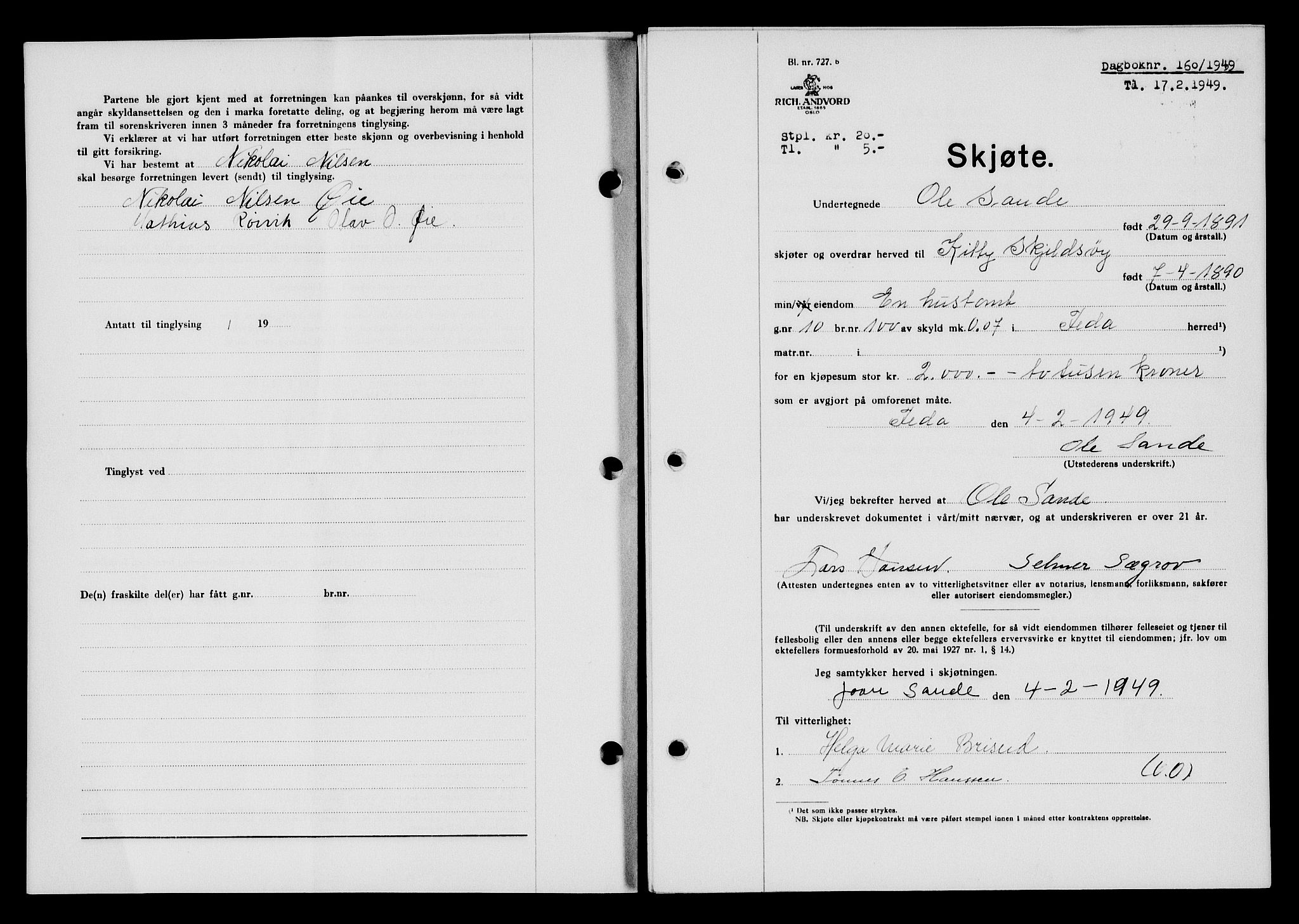 Flekkefjord sorenskriveri, SAK/1221-0001/G/Gb/Gba/L0064: Mortgage book no. A-12, 1948-1949, Diary no: : 160/1949