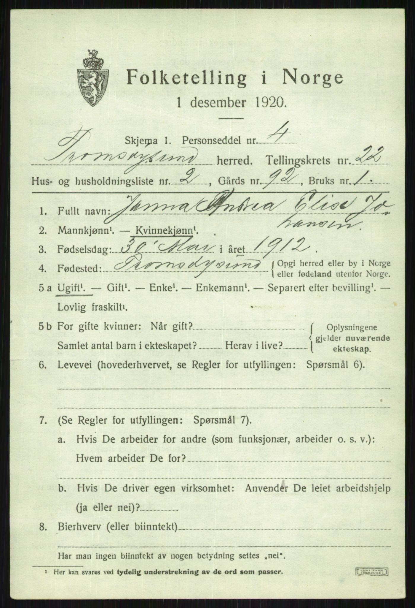 SATØ, 1920 census for Tromsøysund, 1920, p. 11286