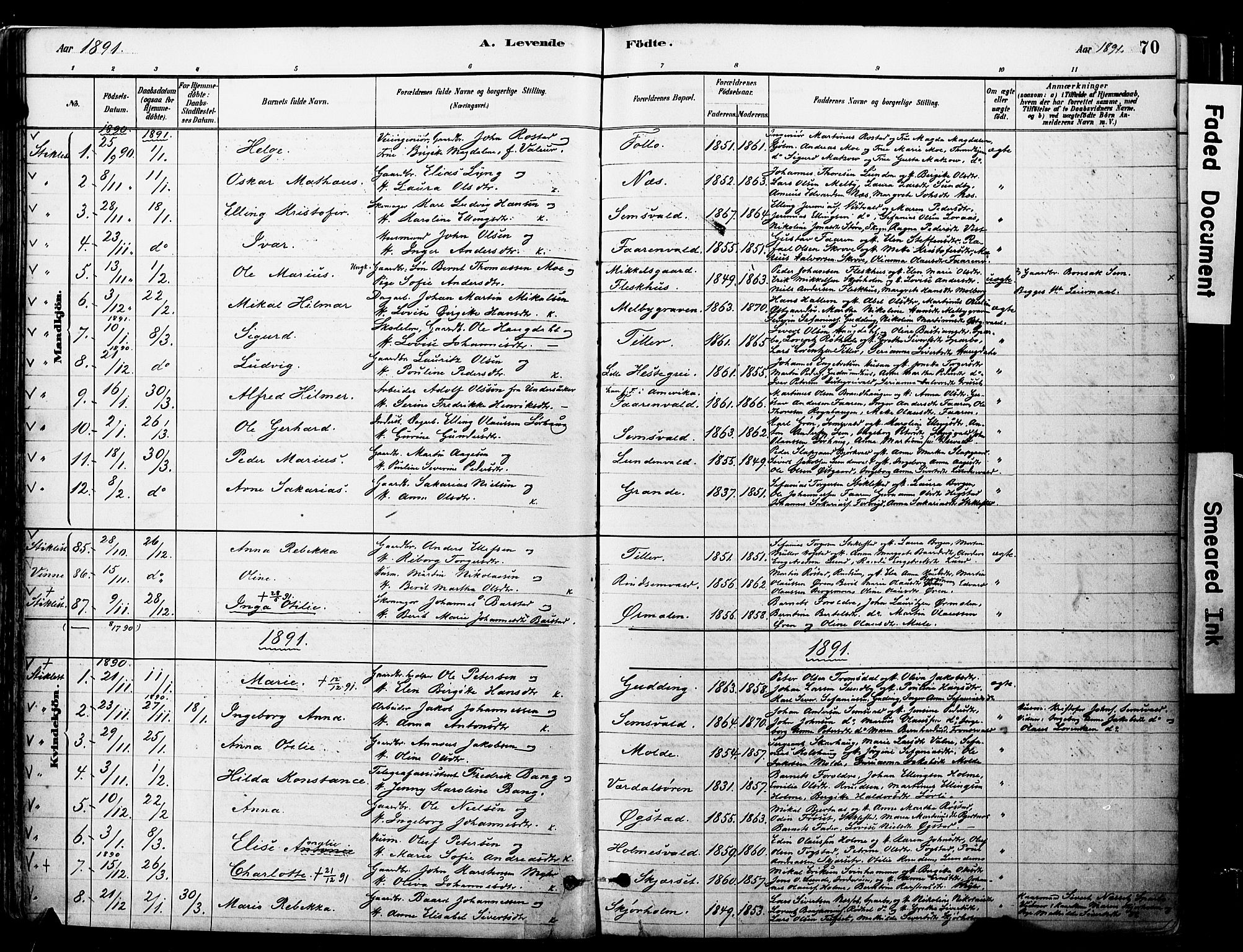 Ministerialprotokoller, klokkerbøker og fødselsregistre - Nord-Trøndelag, SAT/A-1458/723/L0244: Parish register (official) no. 723A13, 1881-1899, p. 70