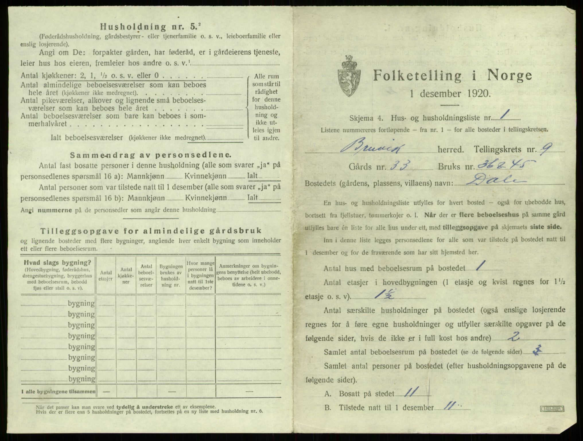 SAB, 1920 census for Bruvik, 1920, p. 601