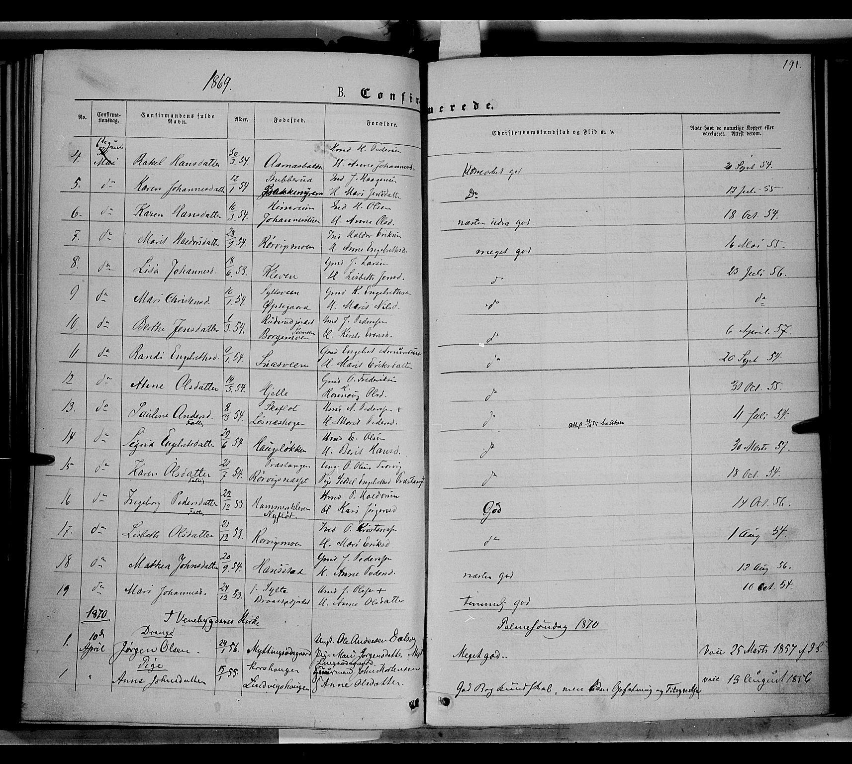 Ringebu prestekontor, AV/SAH-PREST-082/H/Ha/Haa/L0007: Parish register (official) no. 7, 1860-1877, p. 191