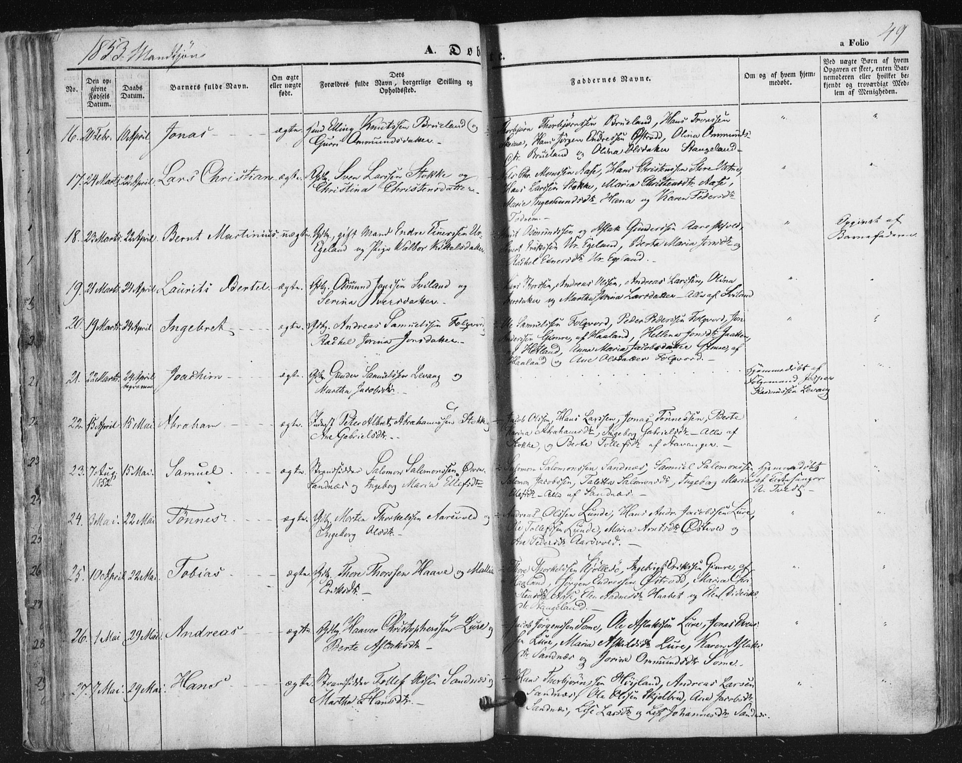 Høyland sokneprestkontor, AV/SAST-A-101799/001/30BA/L0008: Parish register (official) no. A 8, 1841-1856, p. 49