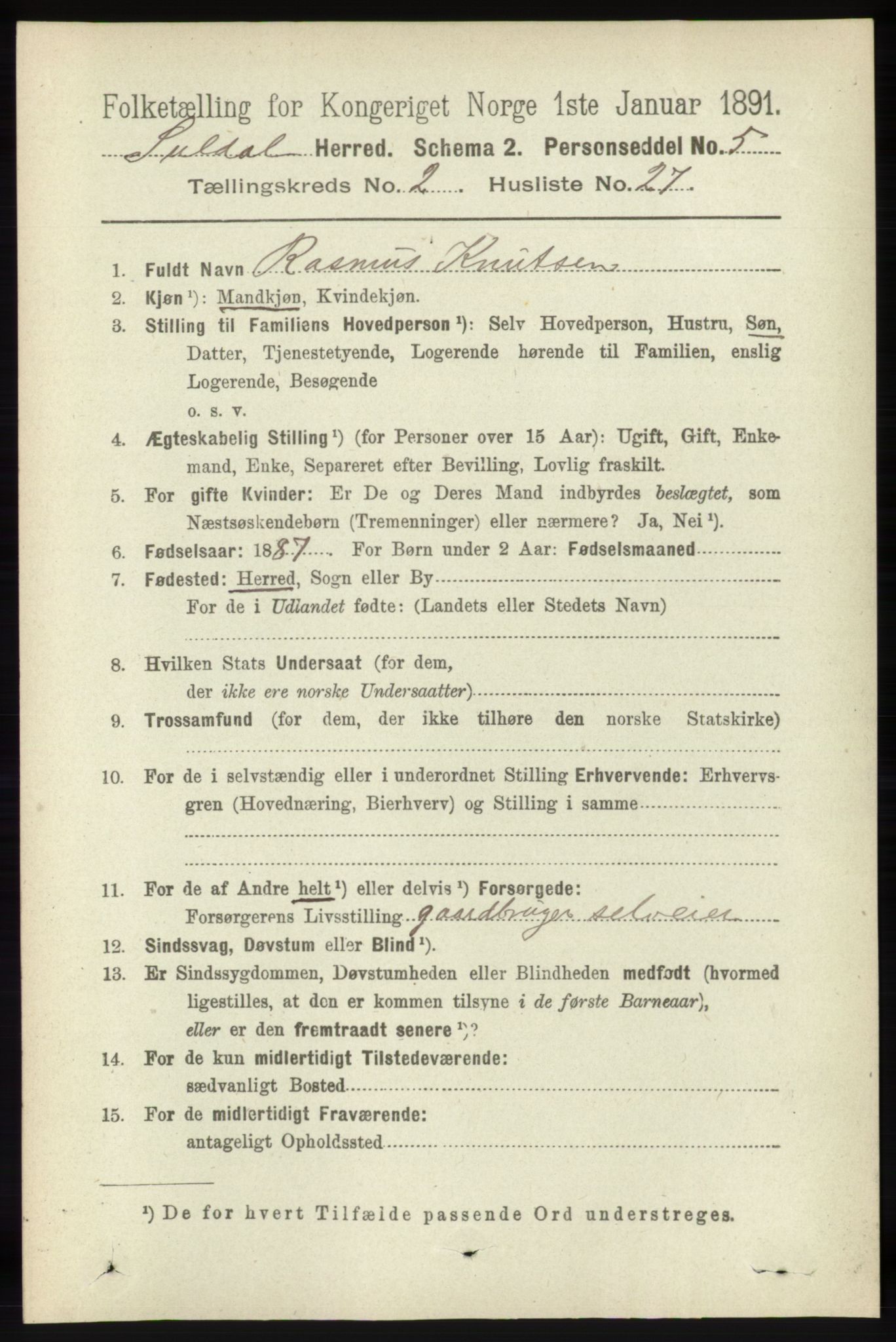 RA, 1891 census for 1134 Suldal, 1891, p. 401