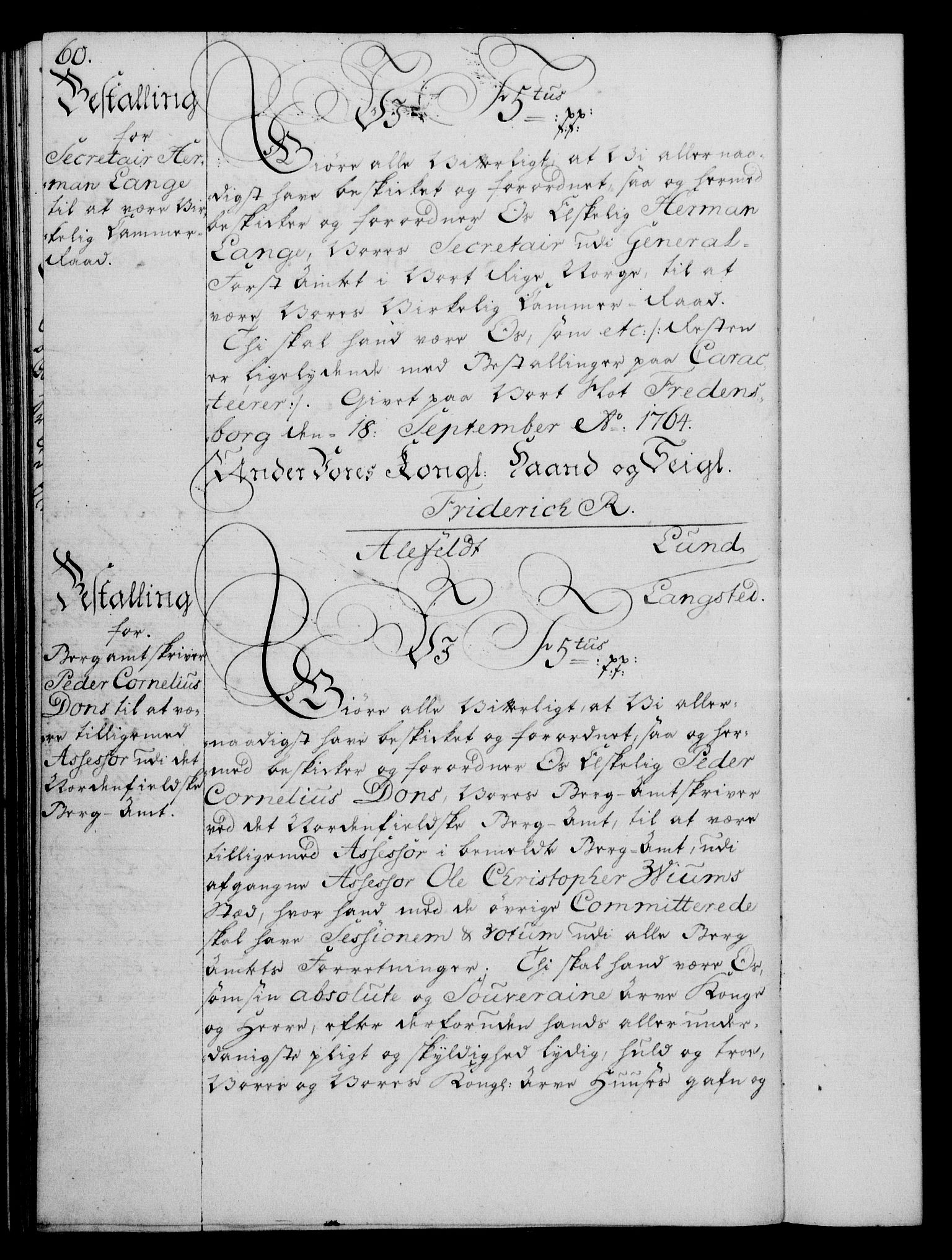 Rentekammeret, Kammerkanselliet, RA/EA-3111/G/Gg/Gge/L0004: Norsk bestallingsprotokoll med register (merket RK 53.28), 1762-1771, p. 60