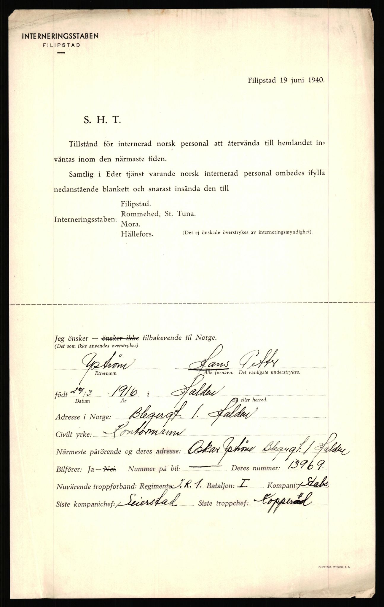 Forsvaret, Forsvarets krigshistoriske avdeling, AV/RA-RAFA-2017/Y/Yf/L0204: II-C-11-2110 - Norske internert i Sverige 1940 / Tysk frigivelse av norsk soldat, 1940, p. 387