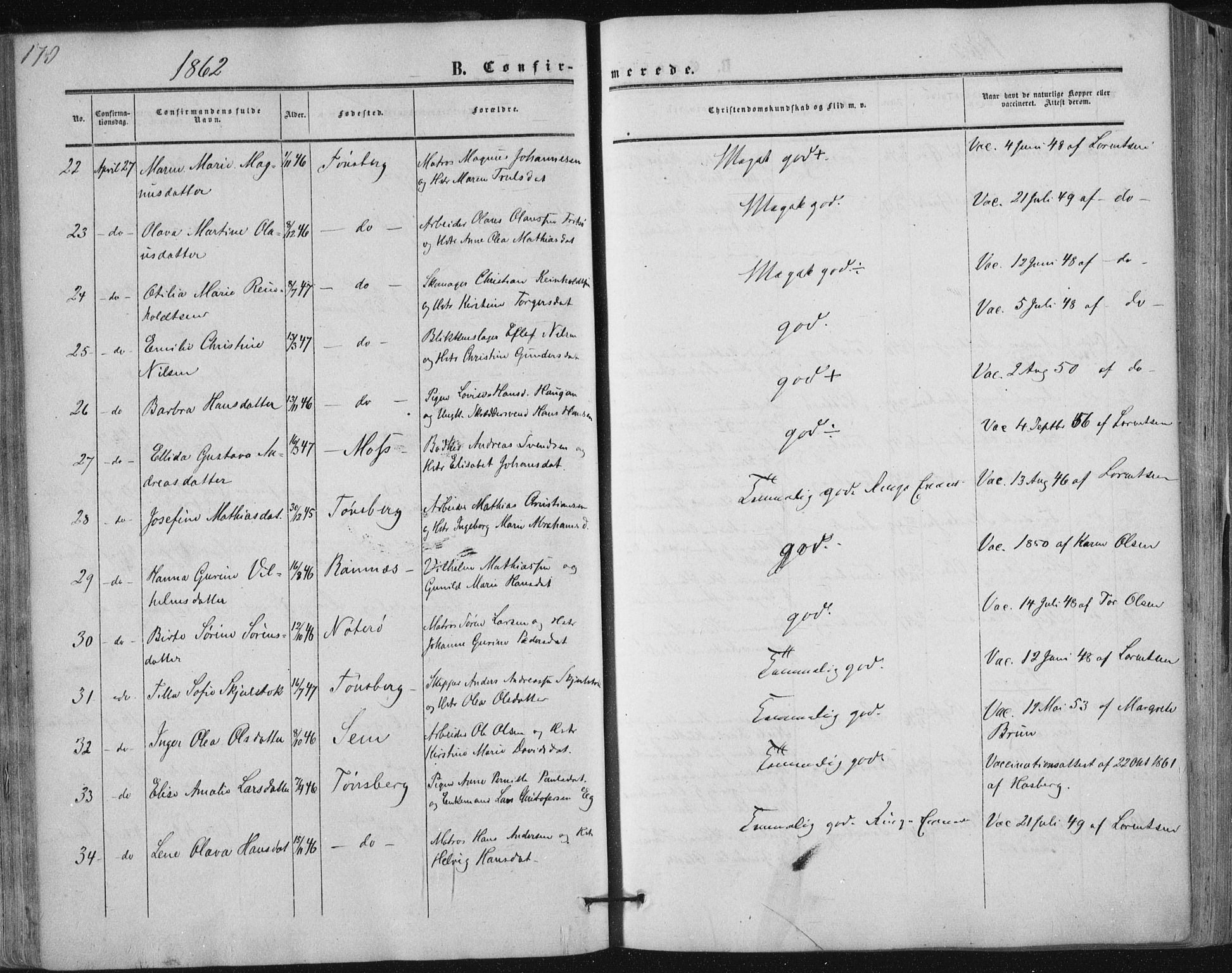 Tønsberg kirkebøker, AV/SAKO-A-330/F/Fa/L0008: Parish register (official) no. I 8, 1855-1864, p. 170