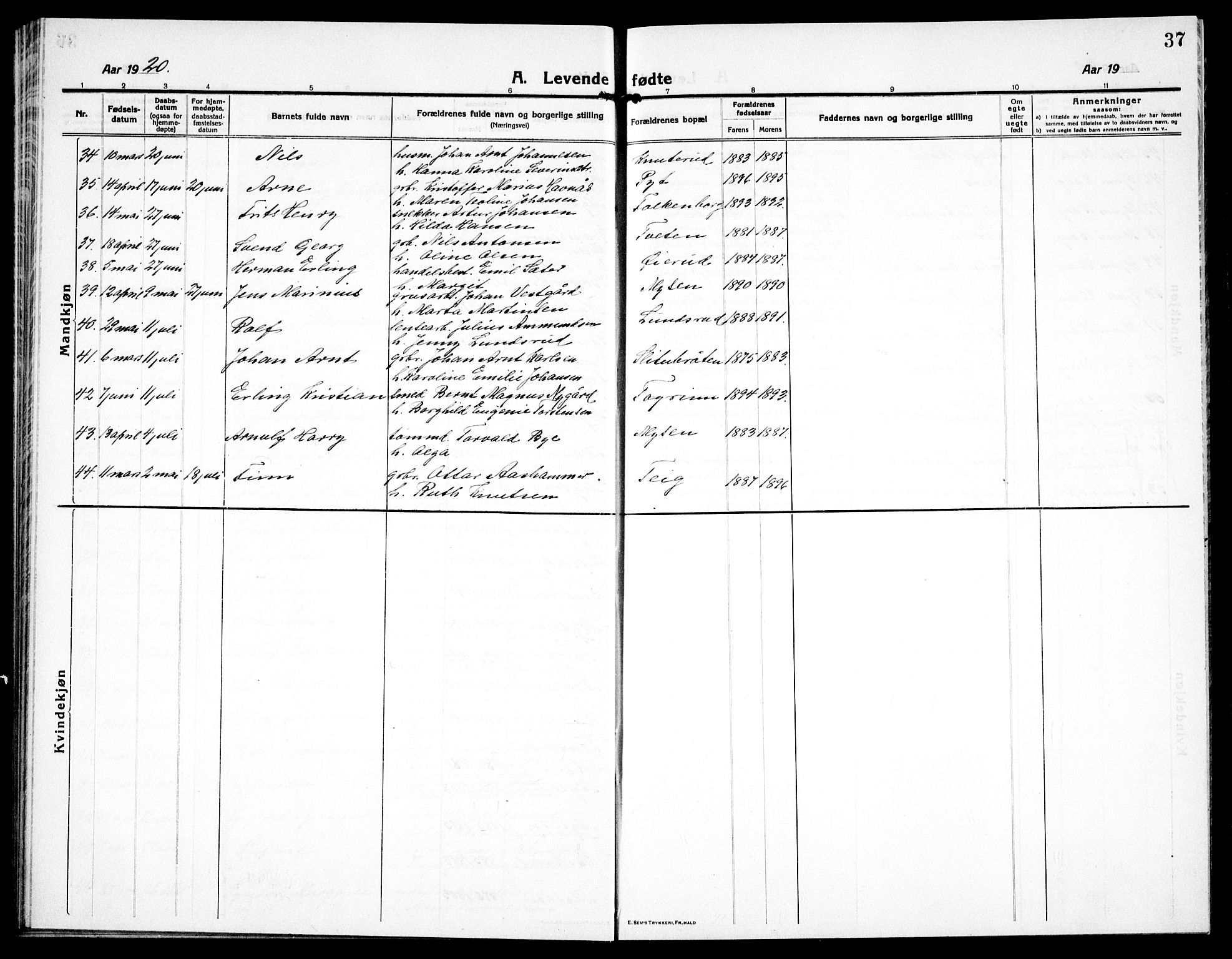 Eidsberg prestekontor Kirkebøker, AV/SAO-A-10905/G/Ga/L0003: Parish register (copy) no. I 3, 1913-1937, p. 37