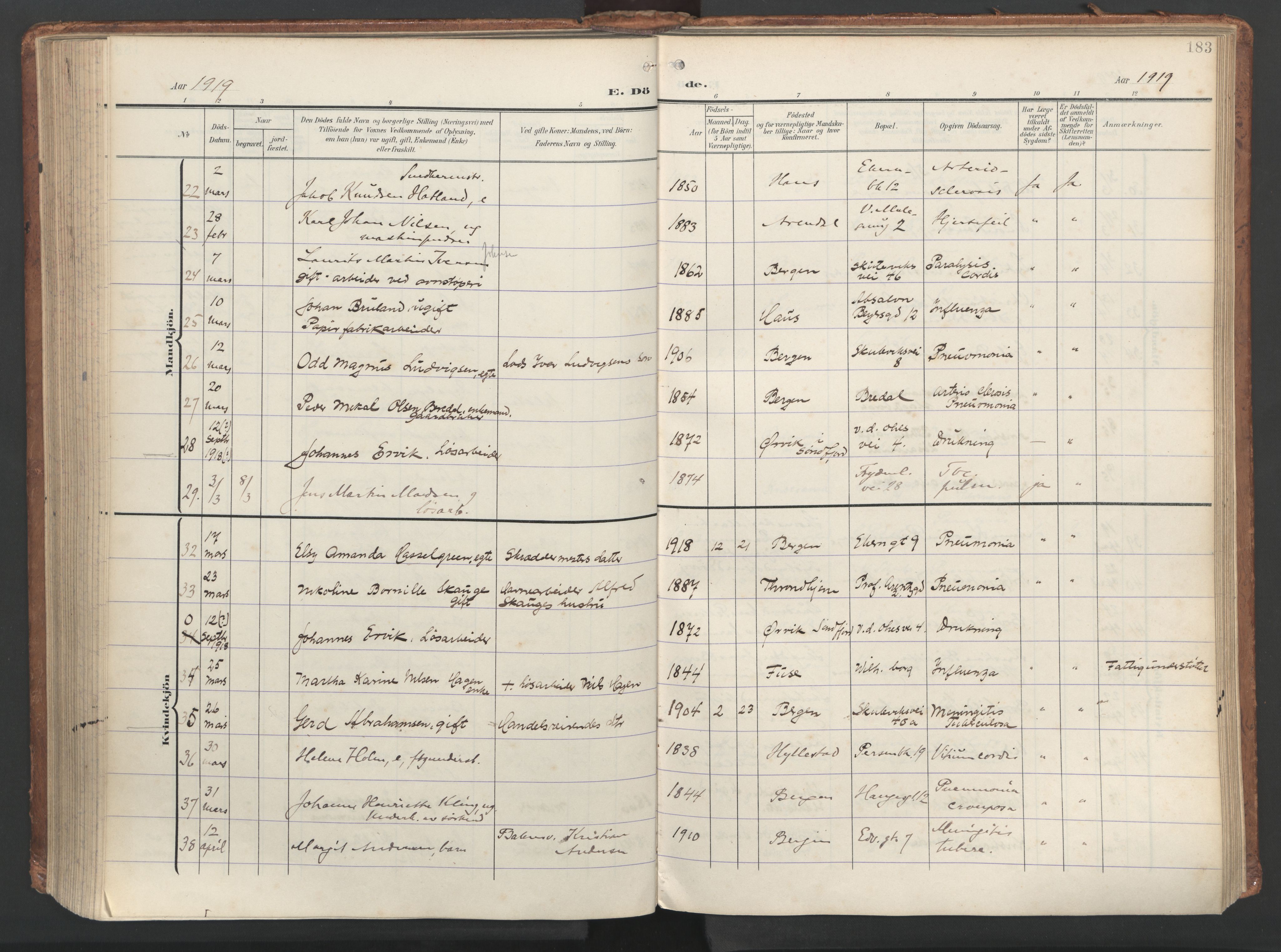 Sandviken Sokneprestembete, SAB/A-77601/H/Ha/L0019: Parish register (official) no. E 2, 1905-1933, p. 183