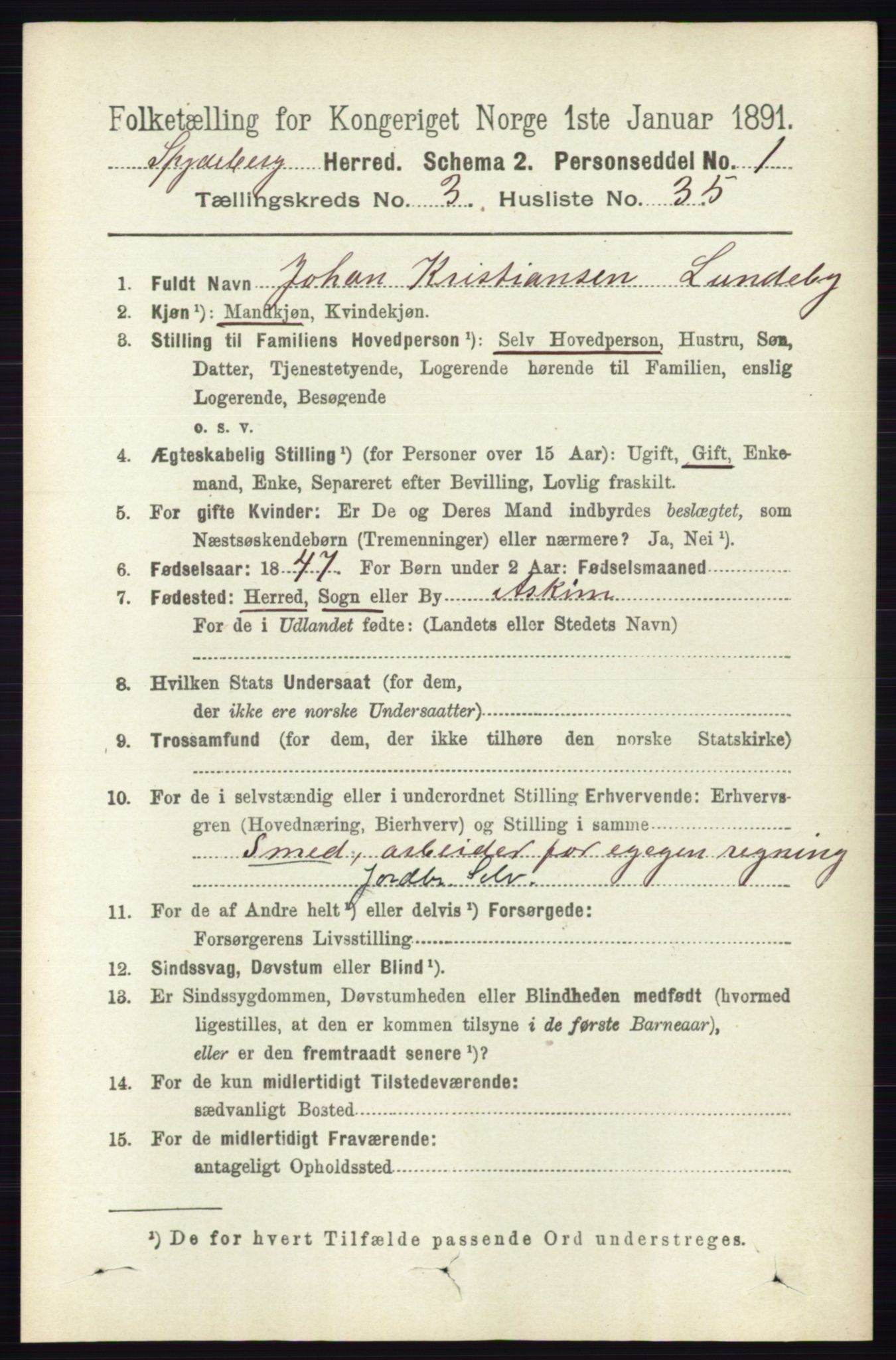 RA, 1891 census for 0123 Spydeberg, 1891, p. 1509
