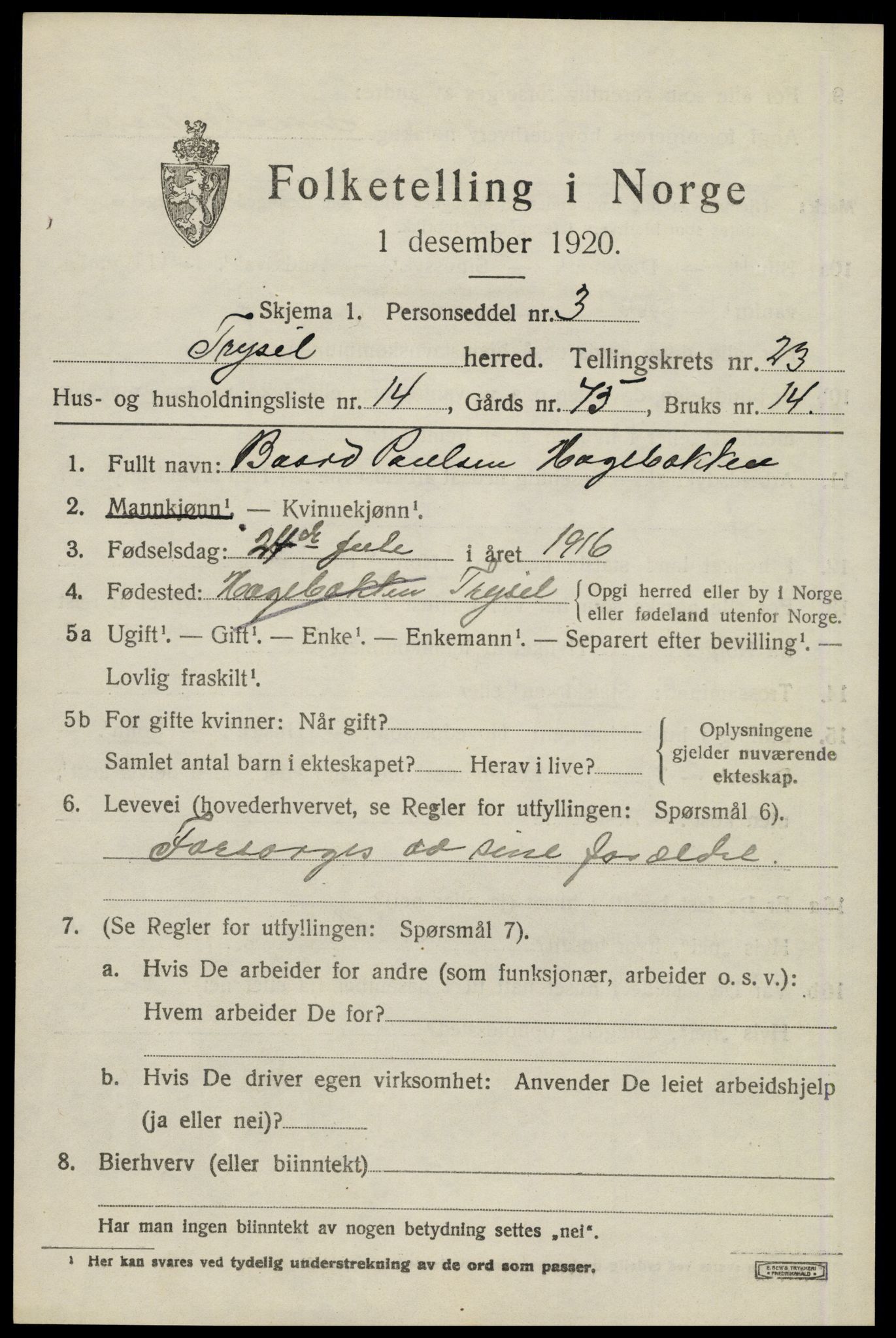 SAH, 1920 census for Trysil, 1920, p. 14997