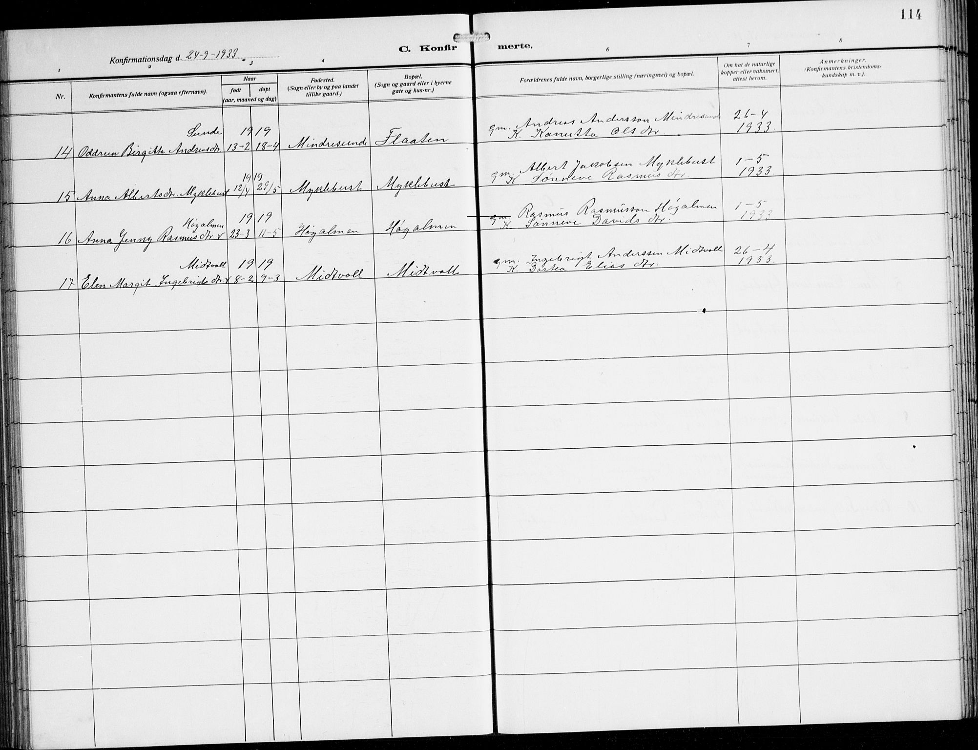 Innvik sokneprestembete, AV/SAB-A-80501: Parish register (copy) no. B 5, 1915-1943, p. 114