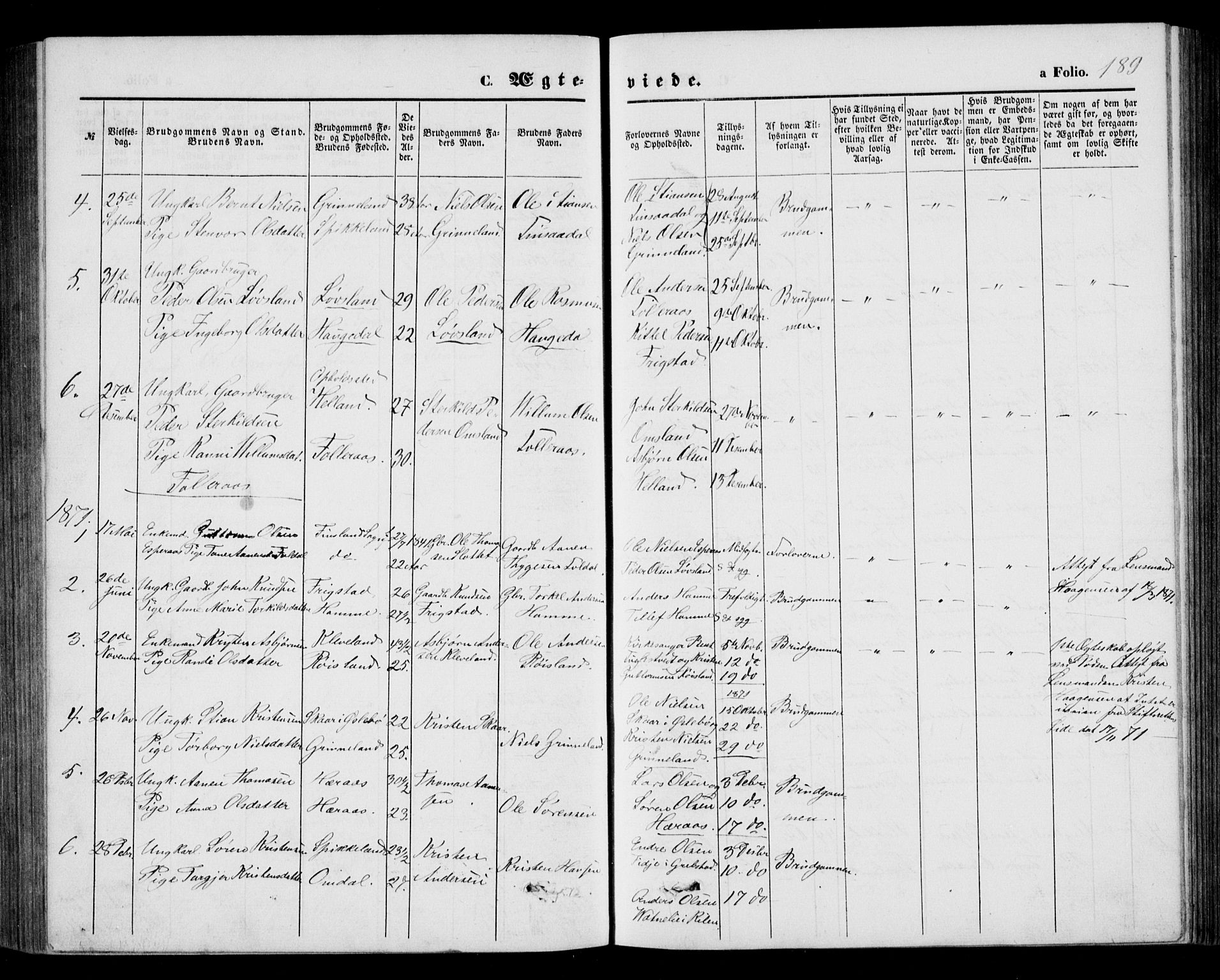 Bjelland sokneprestkontor, SAK/1111-0005/F/Fb/Fbb/L0004: Parish register (copy) no. B 4, 1867-1887, p. 189
