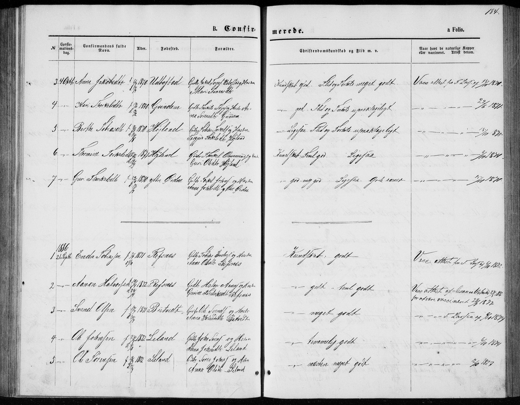 Bjelland sokneprestkontor, SAK/1111-0005/F/Fb/Fbc/L0002: Parish register (copy) no. B 2, 1867-1887, p. 184
