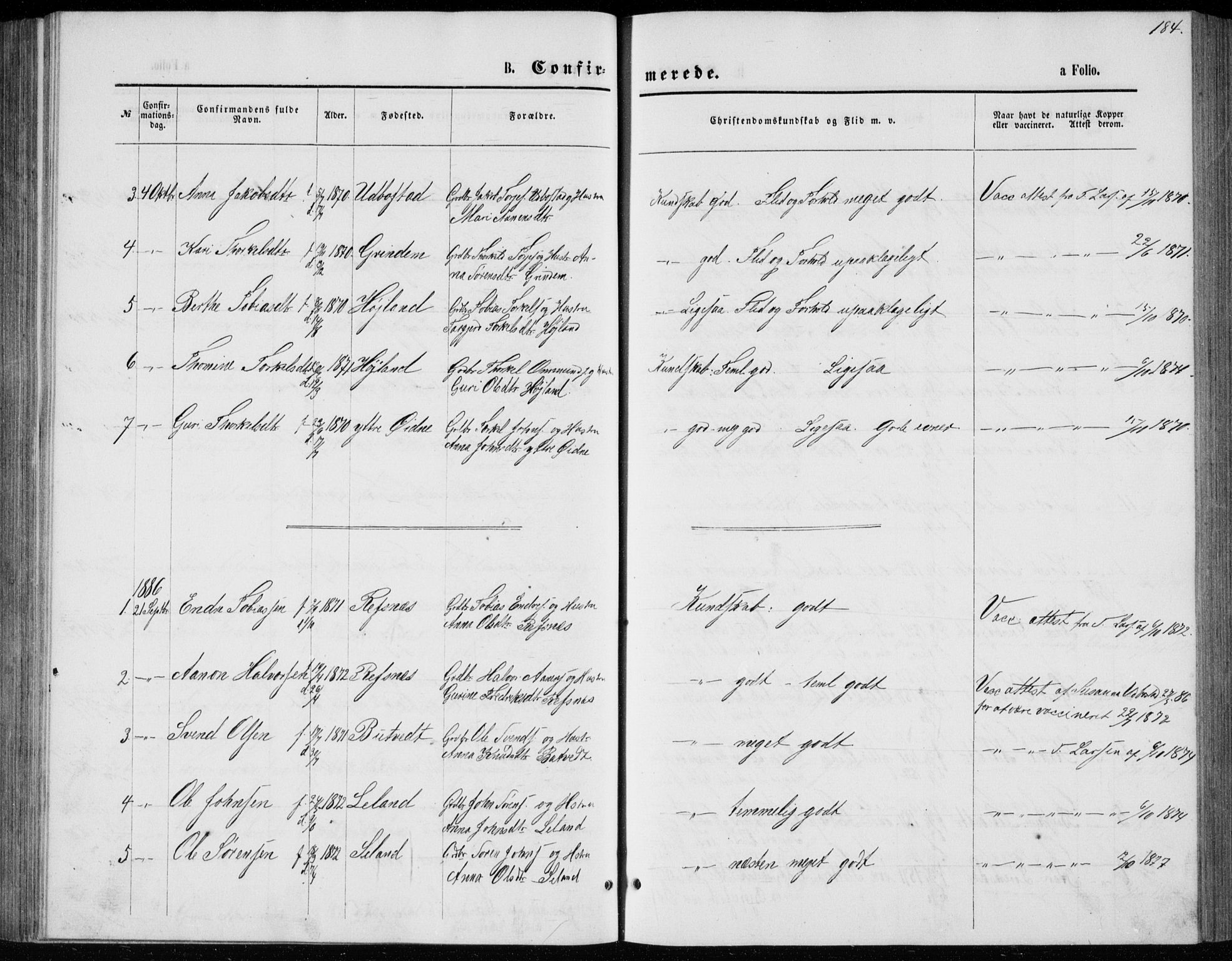 Bjelland sokneprestkontor, AV/SAK-1111-0005/F/Fb/Fbc/L0002: Parish register (copy) no. B 2, 1867-1887, p. 184