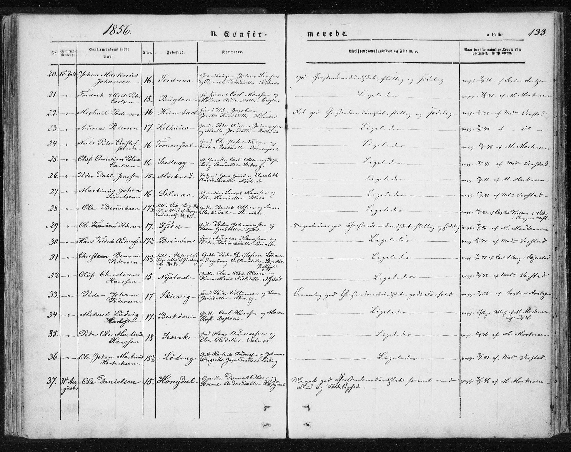 Ministerialprotokoller, klokkerbøker og fødselsregistre - Nordland, SAT/A-1459/801/L0007: Parish register (official) no. 801A07, 1845-1863, p. 133