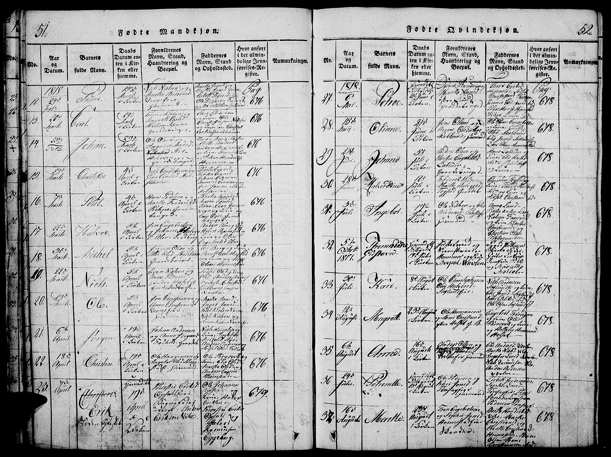 Stange prestekontor, AV/SAH-PREST-002/K/L0008: Parish register (official) no. 8, 1814-1825, p. 51-52