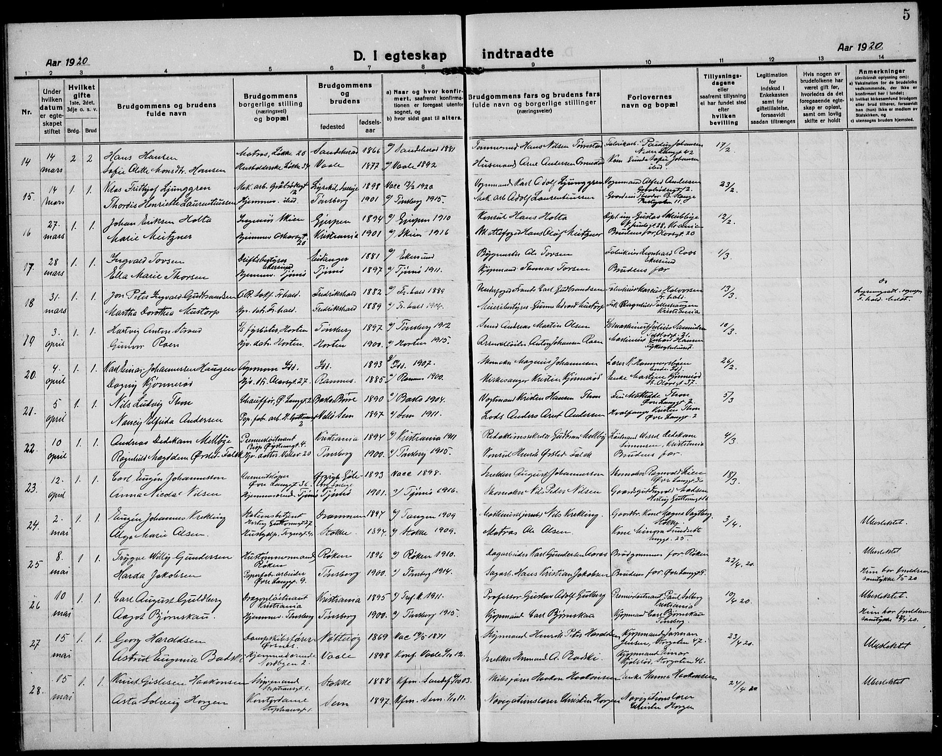 Tønsberg kirkebøker, SAKO/A-330/G/Ga/L0016: Parish register (copy) no. 16, 1920-1933, p. 5