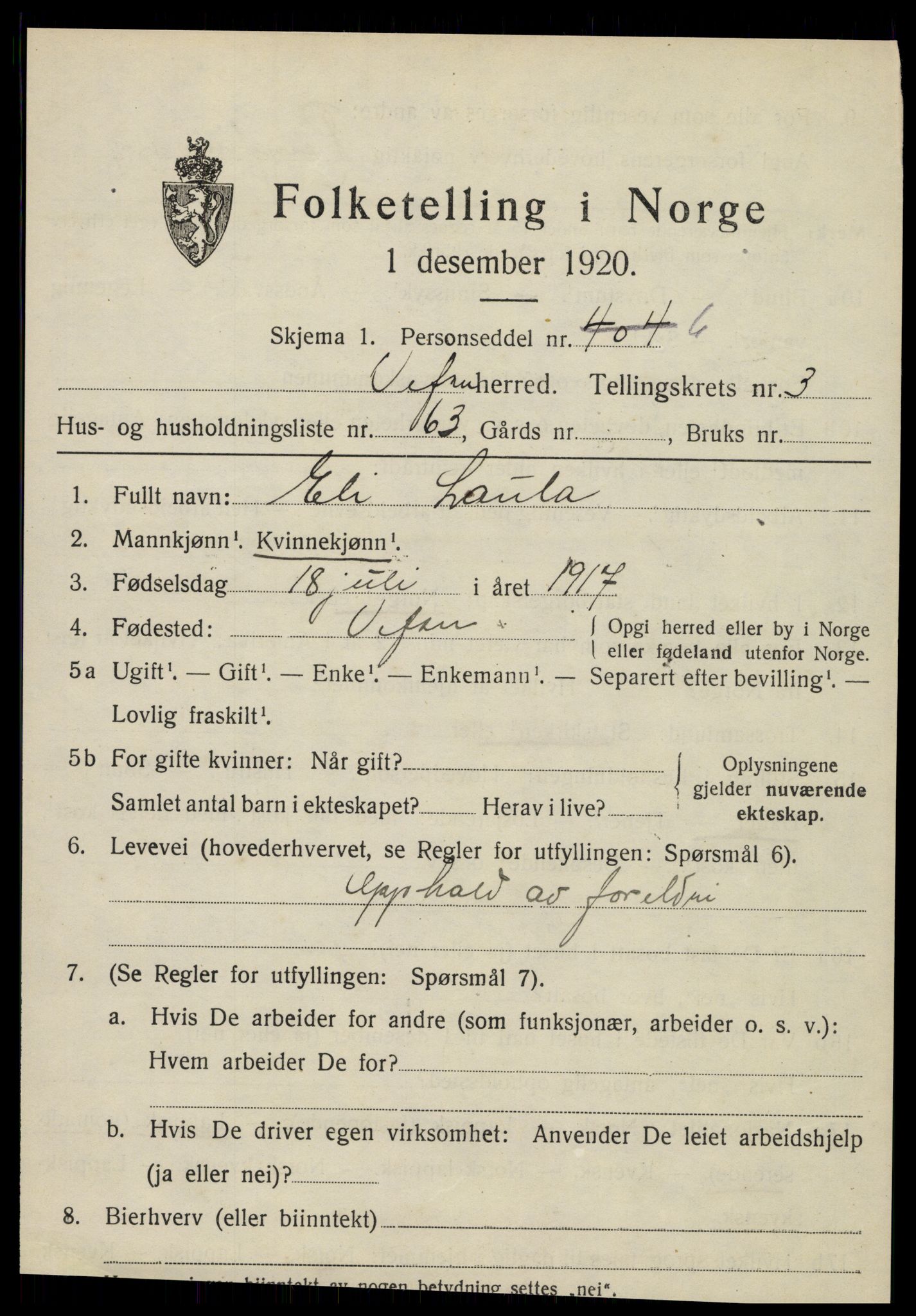 SAT, 1920 census for Vefsn, 1920, p. 2833