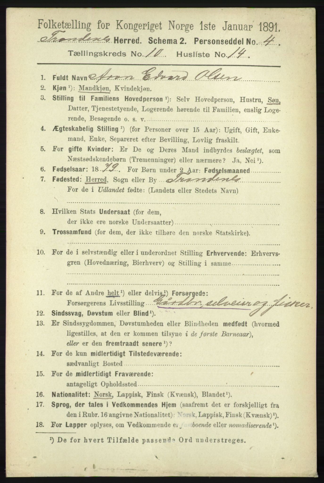 RA, 1891 census for 1914 Trondenes, 1891, p. 7595