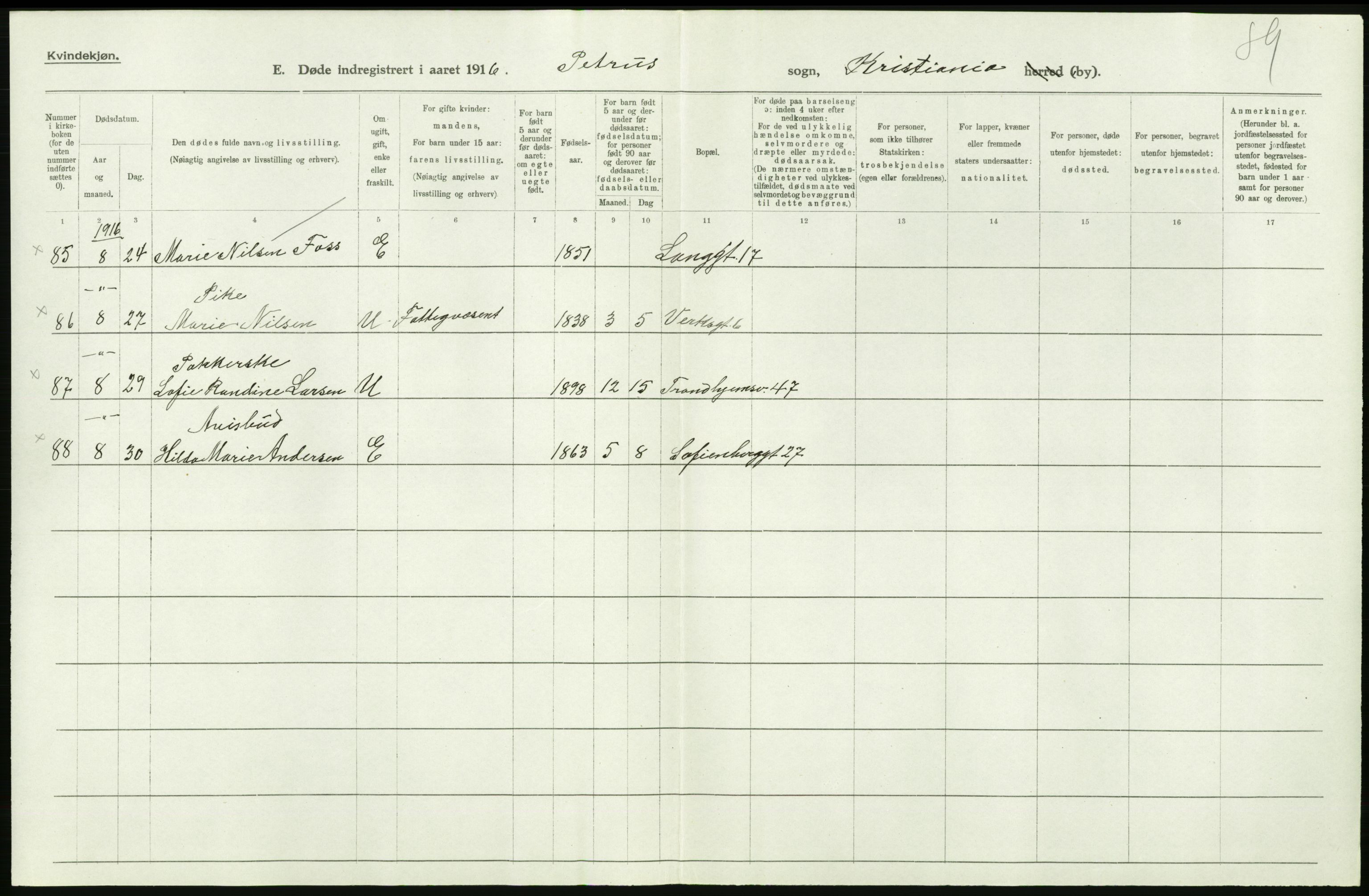 Statistisk sentralbyrå, Sosiodemografiske emner, Befolkning, AV/RA-S-2228/D/Df/Dfb/Dfbf/L0009: Kristiania: Døde., 1916, p. 140