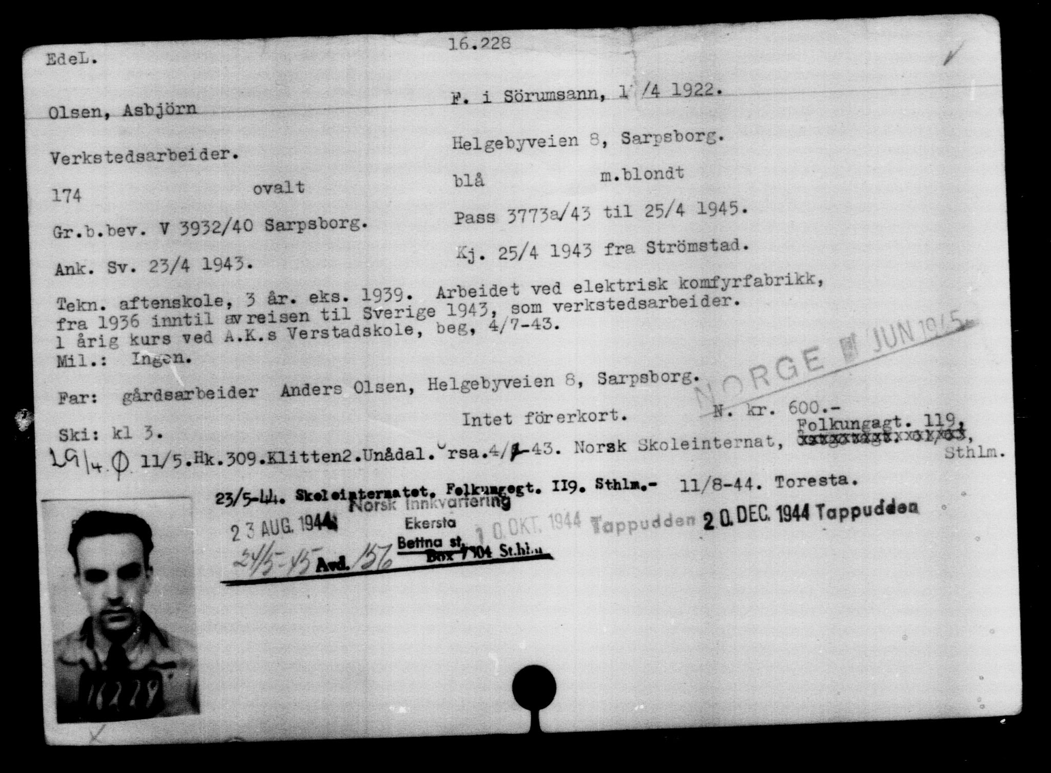 Utenriksstasjonene, Legasjonen i Stockholm, Flyktningkontoret, AV/RA-S-6753/V/Va/L0008: Kjesäterkartoteket, flyktninger med registreringsnr. 15700-18547, 1940-1945, p. 575