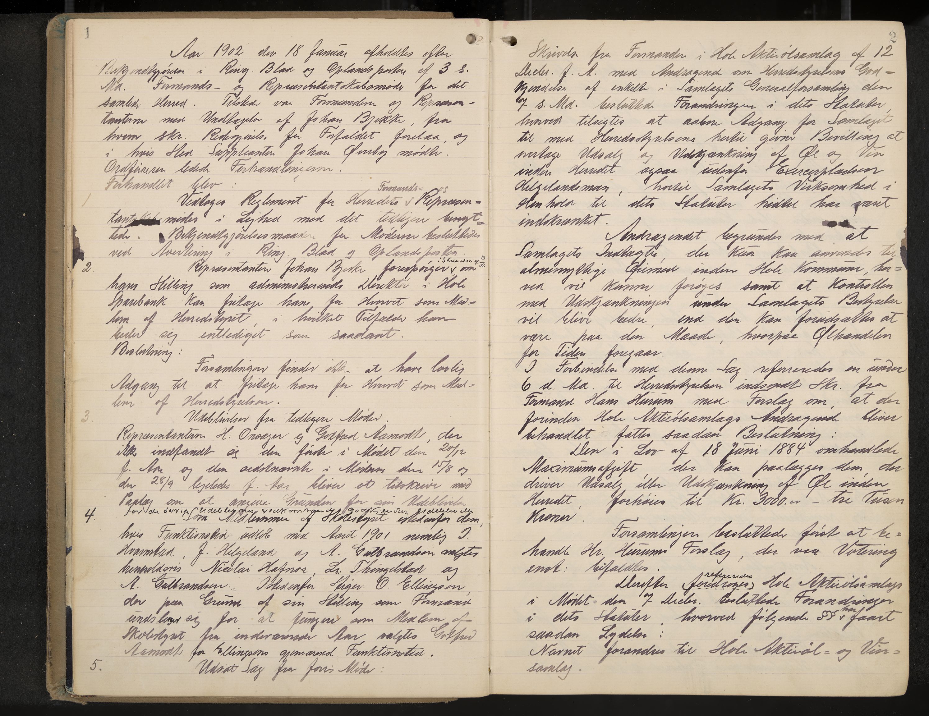 Hole formannskap og sentraladministrasjon, IKAK/0612021-1/A/Aa/L0004: Møtebok med register, 1902-1910, p. 1-2