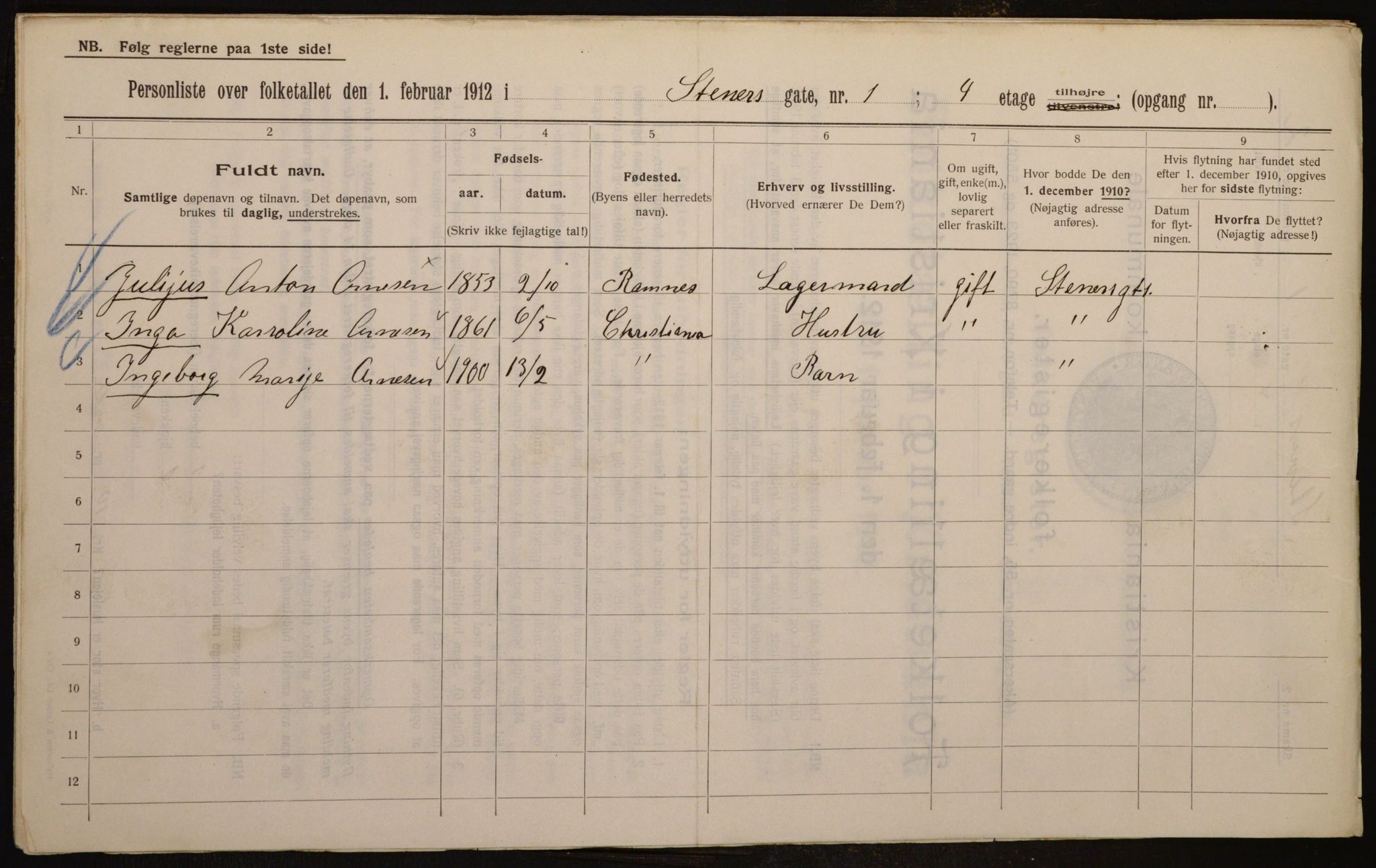 OBA, Municipal Census 1912 for Kristiania, 1912, p. 101527