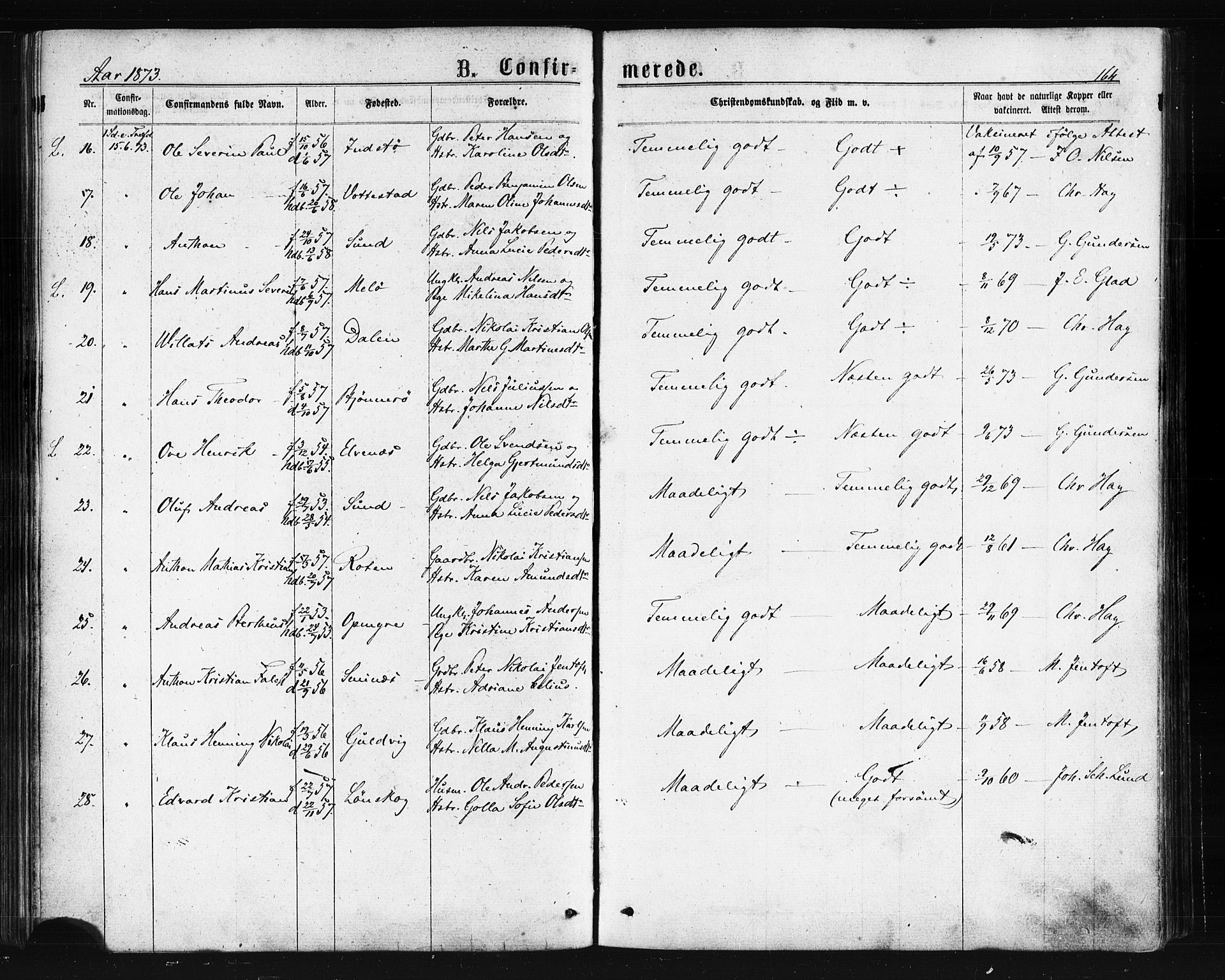Ministerialprotokoller, klokkerbøker og fødselsregistre - Nordland, SAT/A-1459/893/L1334: Parish register (official) no. 893A07, 1867-1877, p. 164