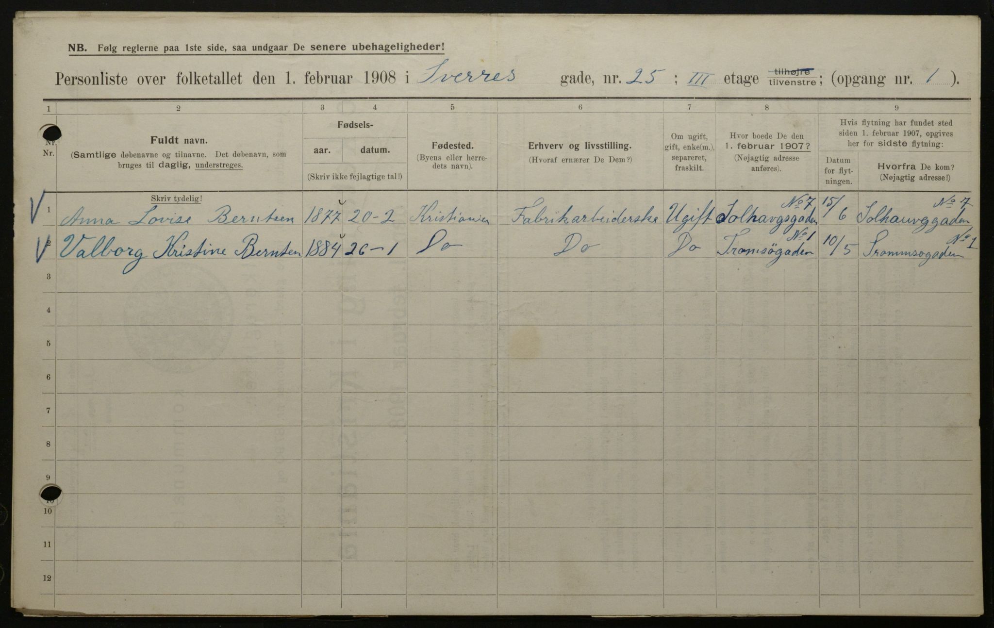 OBA, Municipal Census 1908 for Kristiania, 1908, p. 95405