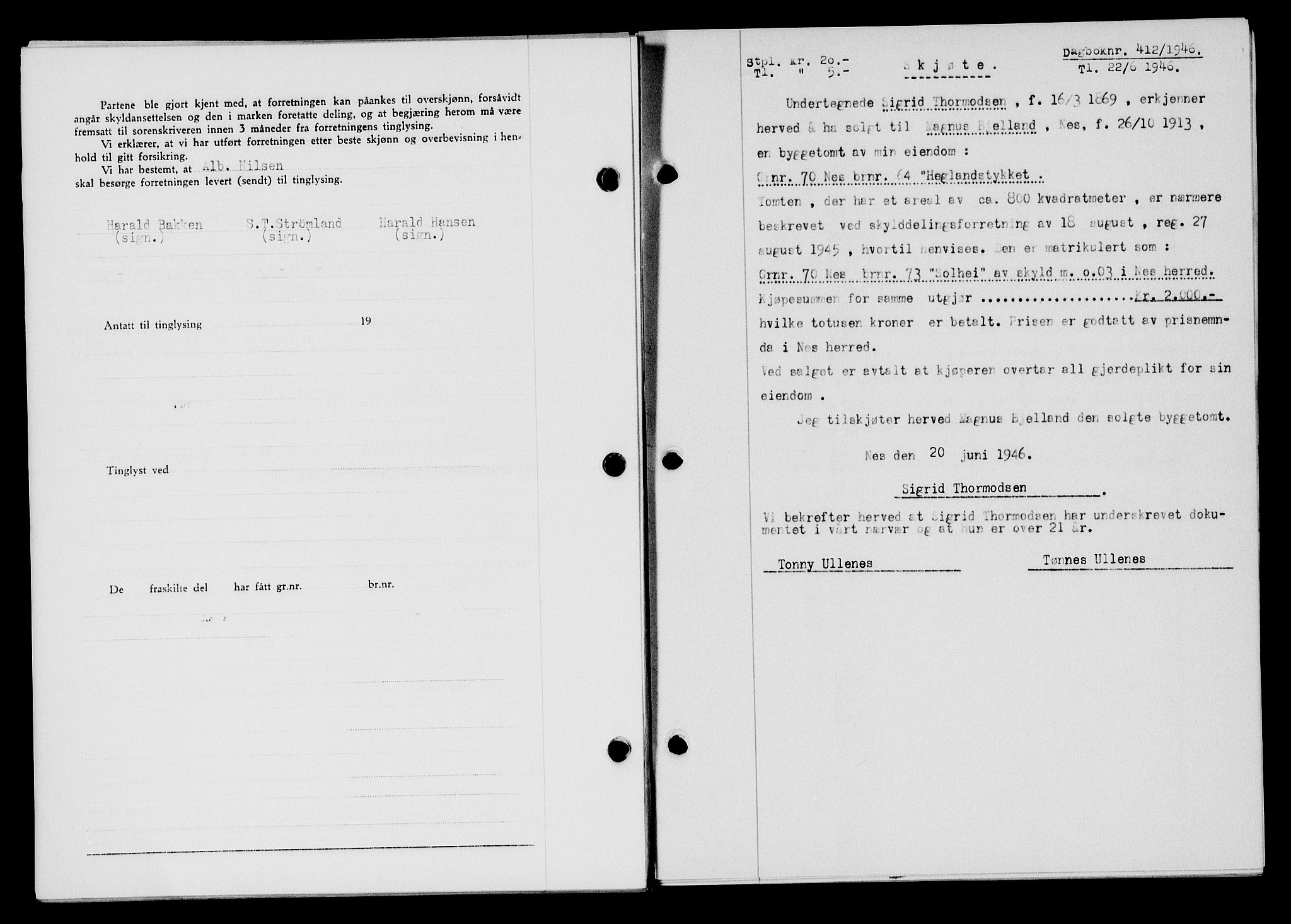 Flekkefjord sorenskriveri, SAK/1221-0001/G/Gb/Gba/L0060: Mortgage book no. A-8, 1945-1946, Diary no: : 412/1946