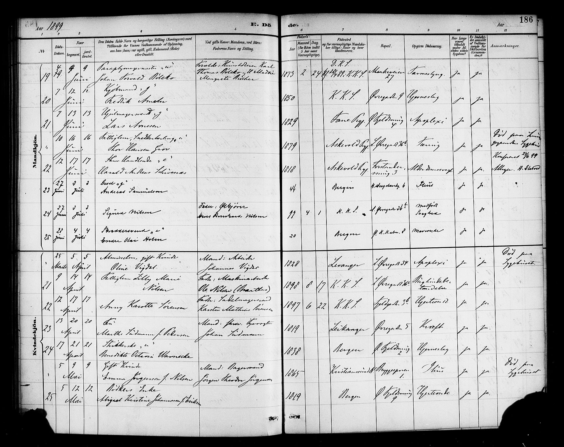 Korskirken sokneprestembete, AV/SAB-A-76101/H/Haa/L0047: Parish register (official) no. E 5, 1884-1910, p. 186