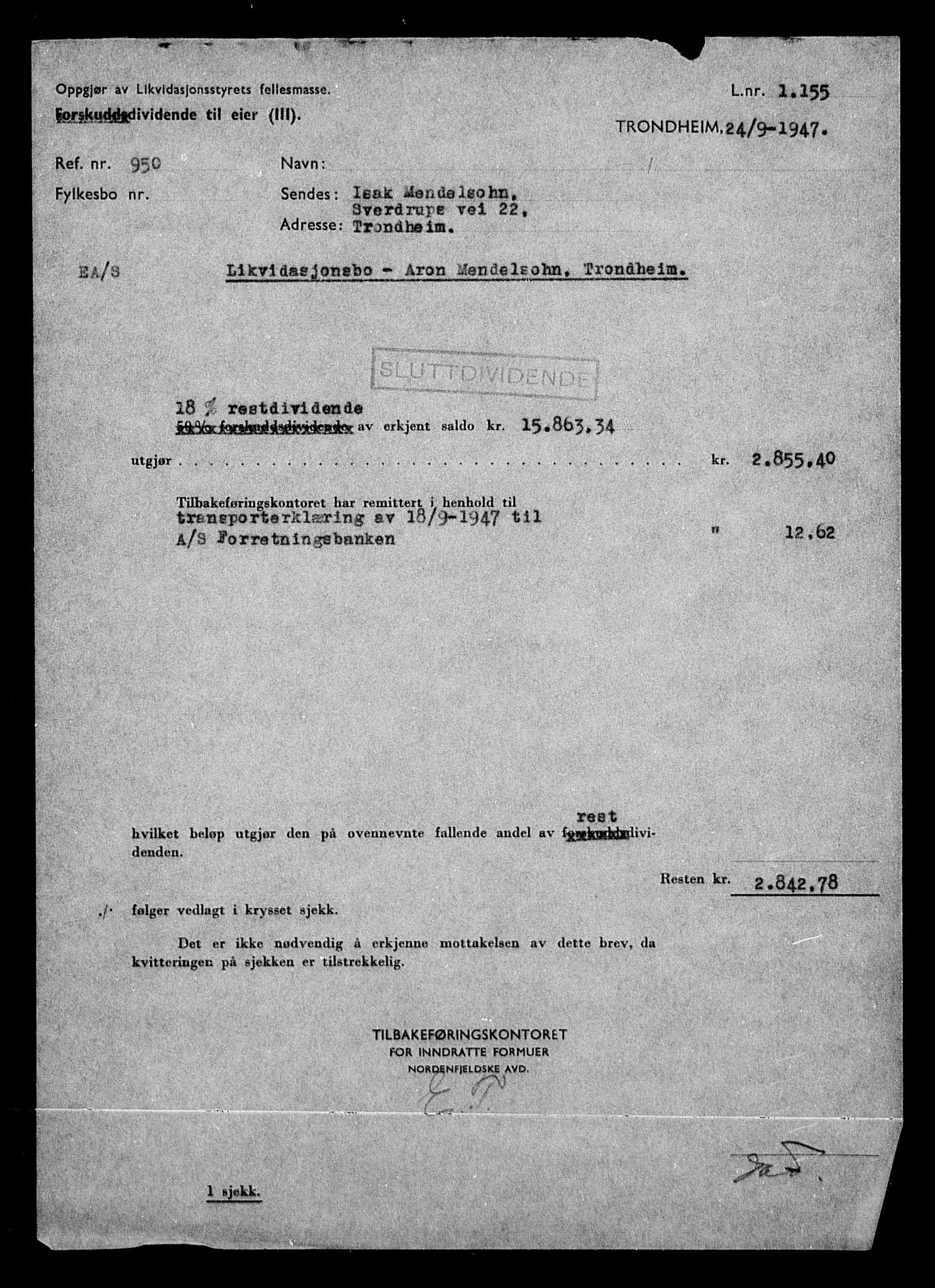 Justisdepartementet, Tilbakeføringskontoret for inndratte formuer, AV/RA-S-1564/H/Hc/Hca/L0903: --, 1945-1947, p. 587