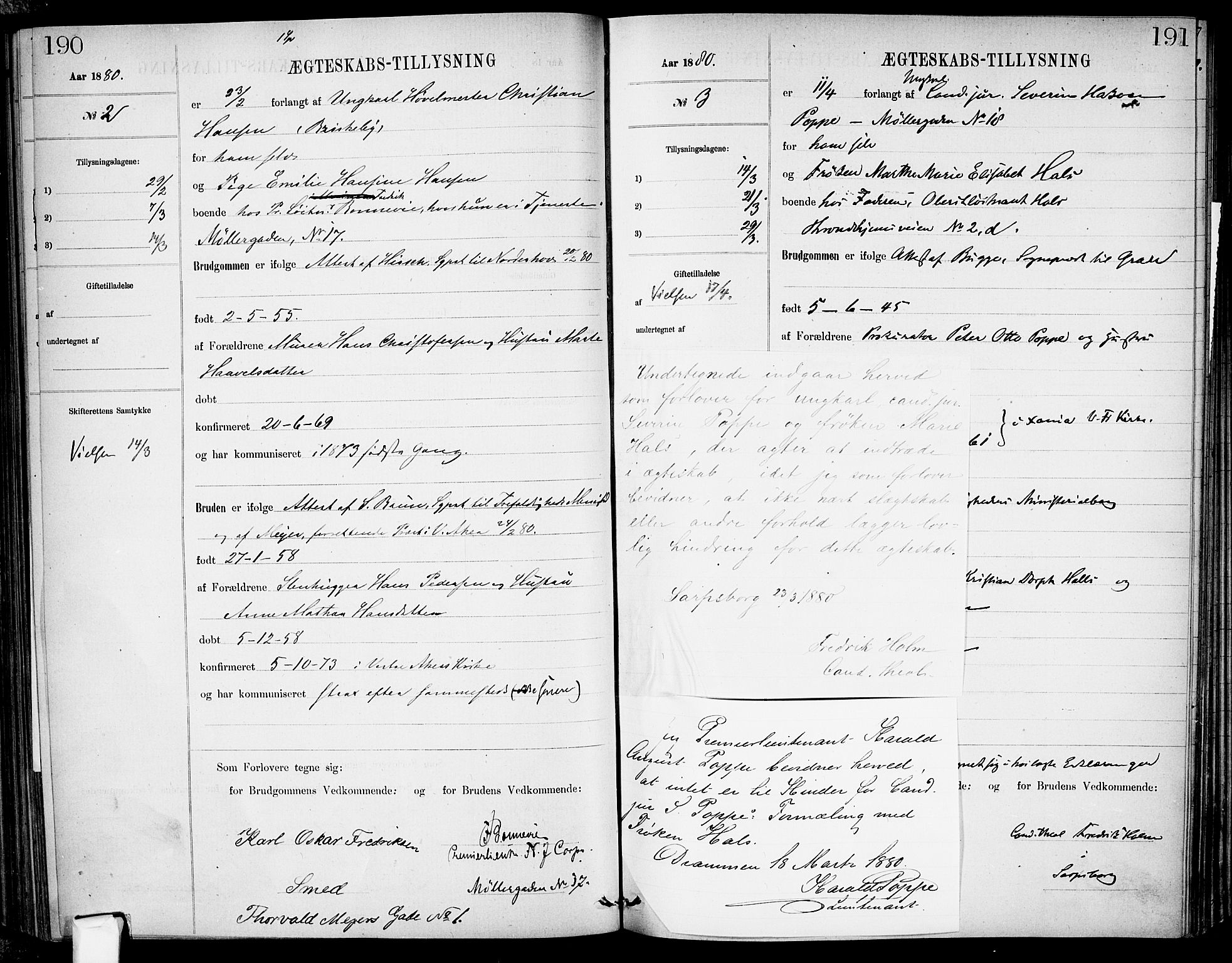 Garnisonsmenigheten Kirkebøker, SAO/A-10846/H/Ha/L0007: Banns register no. I 7, 1872-1893, p. 190-191