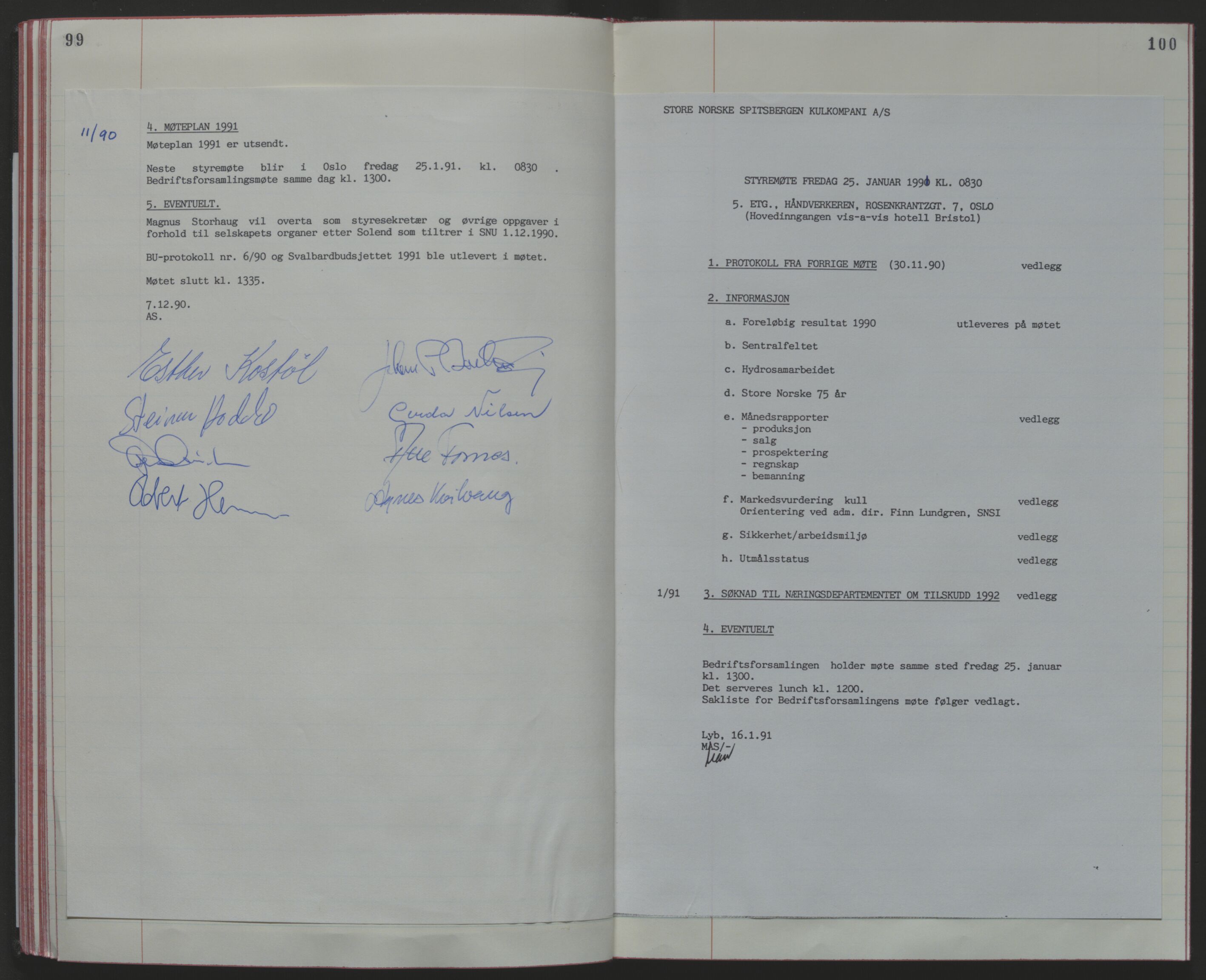 Store Norske Spitsbergen Kulkompani A/S, AV/SATØ-P-0073/09/A/Ab/Aba/L0003: Styreprotokoll 8, 1987-1994, p. 99-100