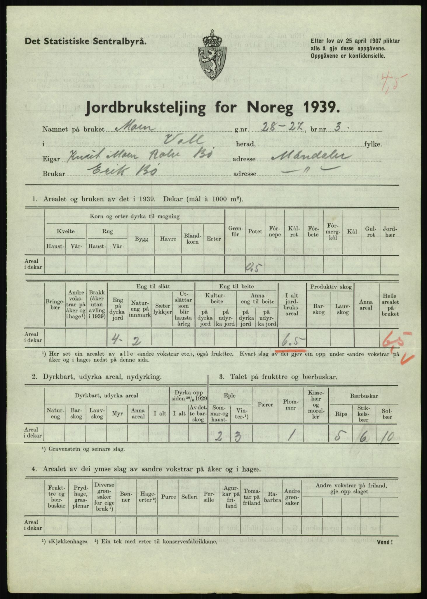 Statistisk sentralbyrå, Næringsøkonomiske emner, Jordbruk, skogbruk, jakt, fiske og fangst, AV/RA-S-2234/G/Gb/L0251: Møre og Romsdal: Voll, Eid, Grytten og Hen, 1939, p. 71