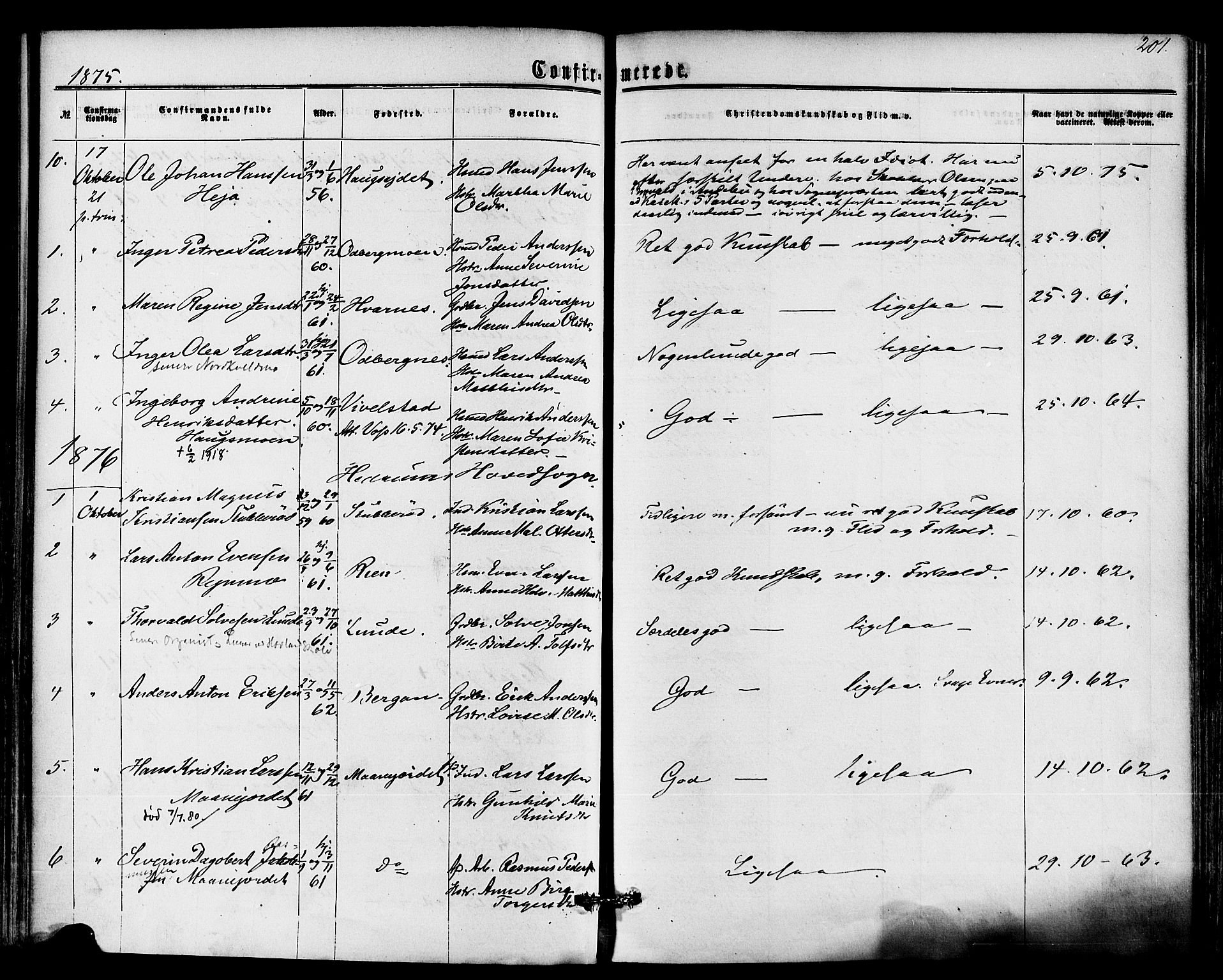 Hedrum kirkebøker, AV/SAKO-A-344/F/Fa/L0008: Parish register (official) no. I 8, 1869-1880, p. 201