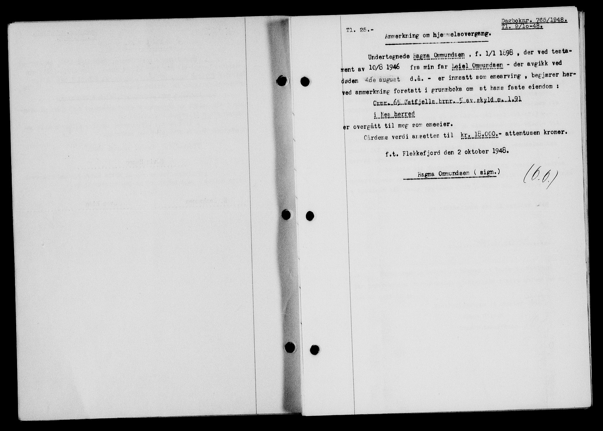 Flekkefjord sorenskriveri, SAK/1221-0001/G/Gb/Gba/L0064: Mortgage book no. A-12, 1948-1949, Diary no: : 765/1948