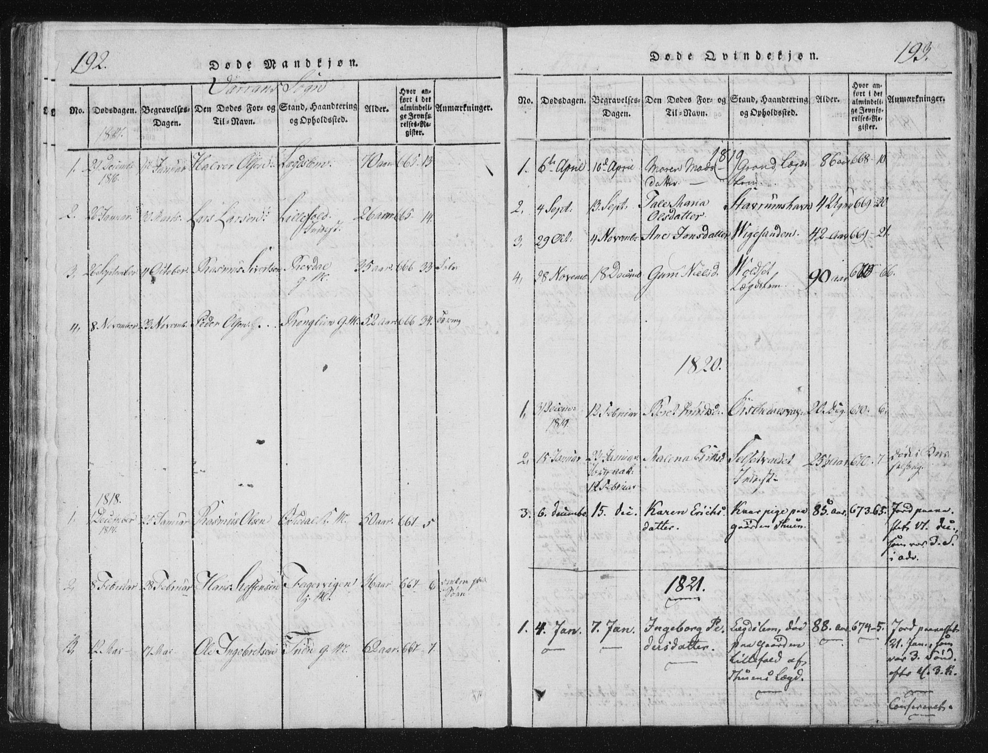 Ministerialprotokoller, klokkerbøker og fødselsregistre - Nord-Trøndelag, SAT/A-1458/744/L0417: Parish register (official) no. 744A01, 1817-1842, p. 192-193