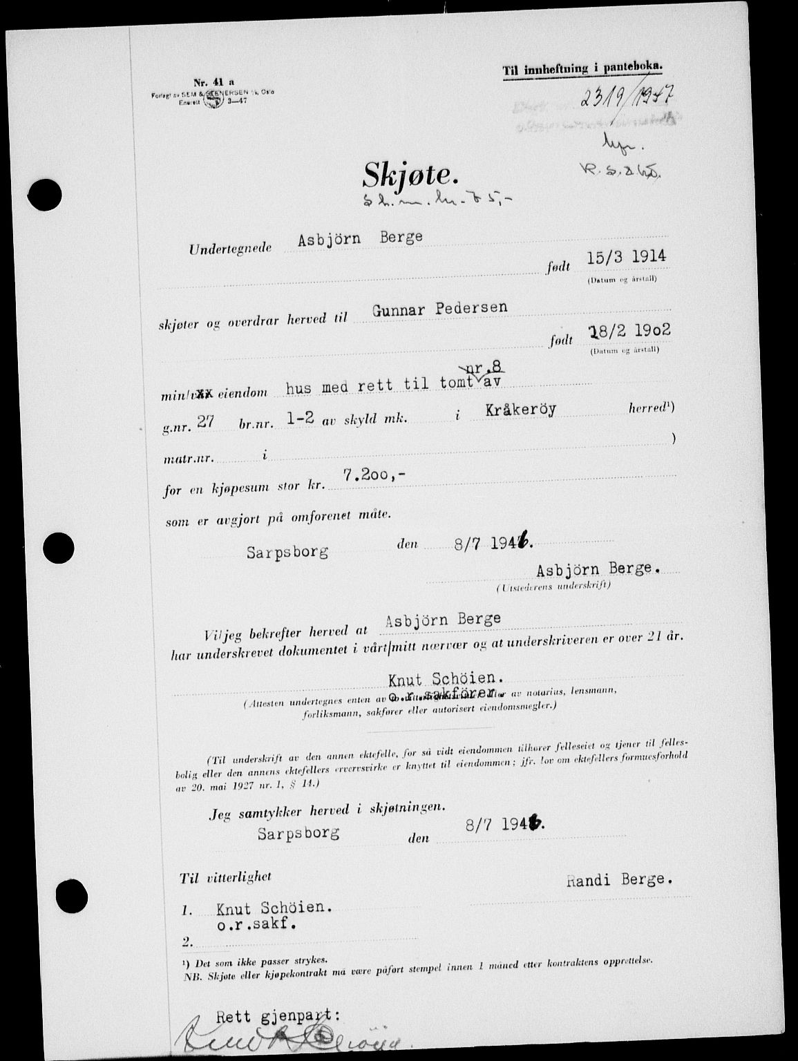 Onsøy sorenskriveri, SAO/A-10474/G/Ga/Gab/L0021: Mortgage book no. II A-21, 1947-1947, Diary no: : 2319/1947