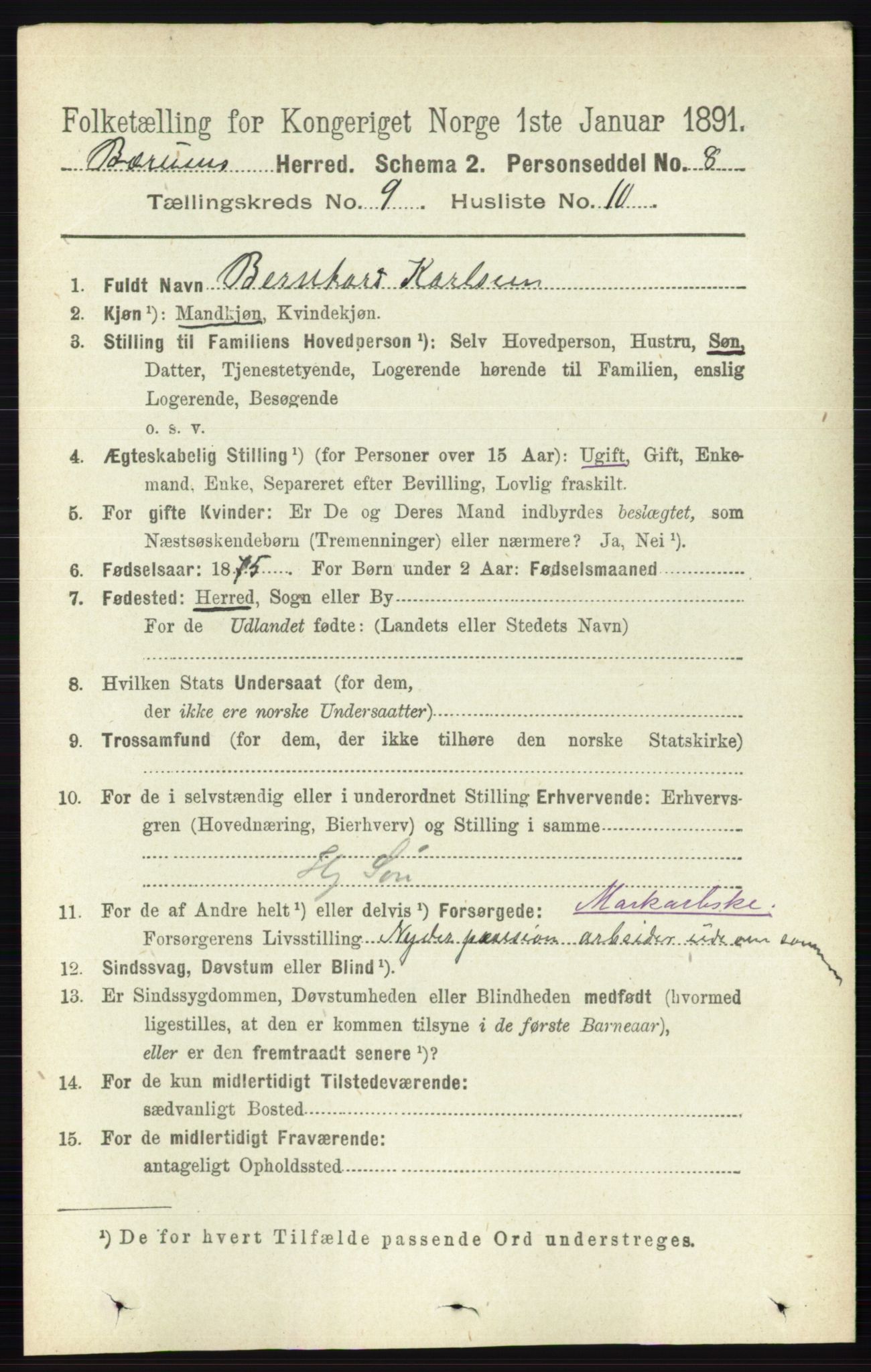 RA, 1891 census for 0219 Bærum, 1891, p. 5219