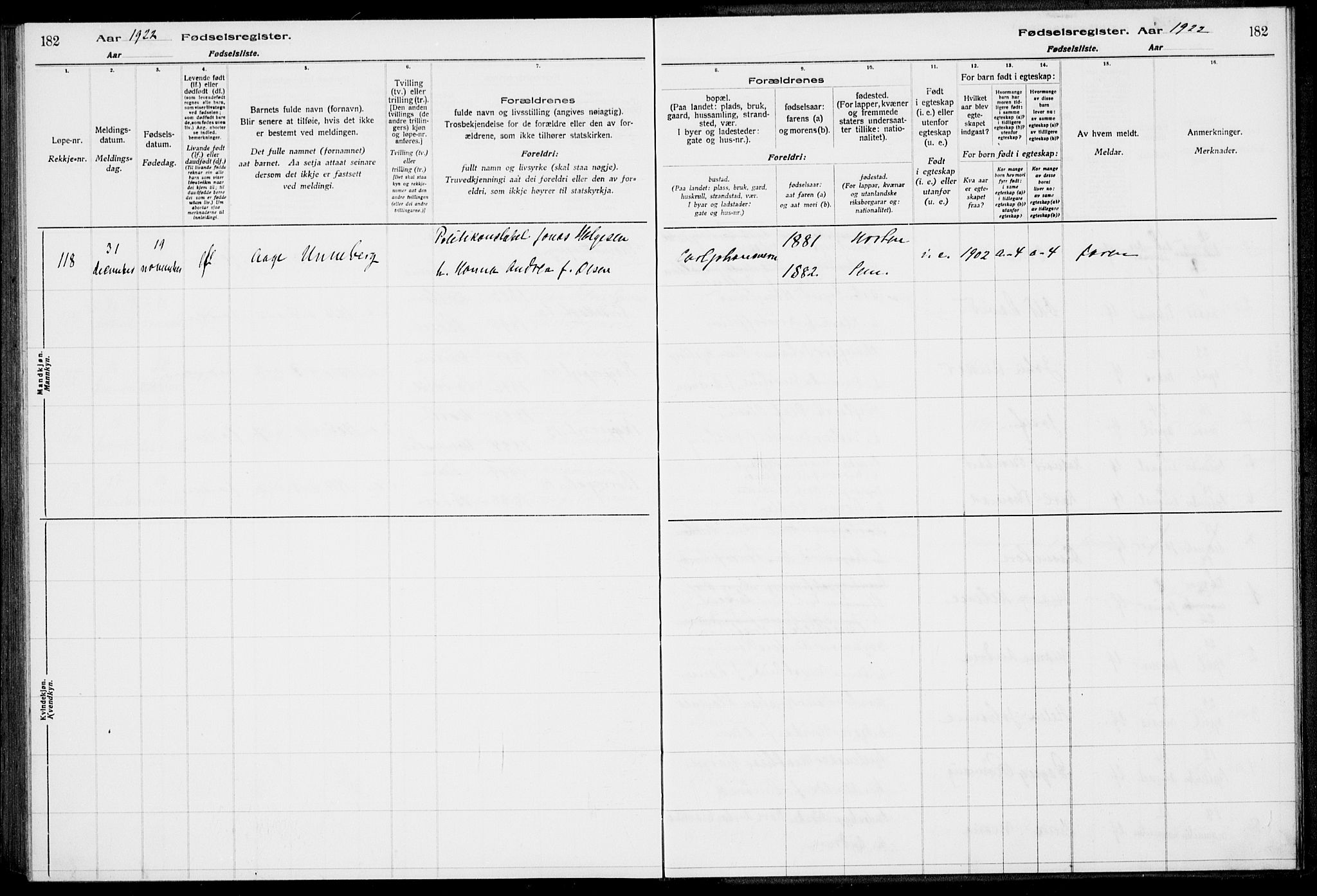 Horten kirkebøker, AV/SAKO-A-348/J/Ja/L0001: Birth register no. 1, 1916-1923, p. 182