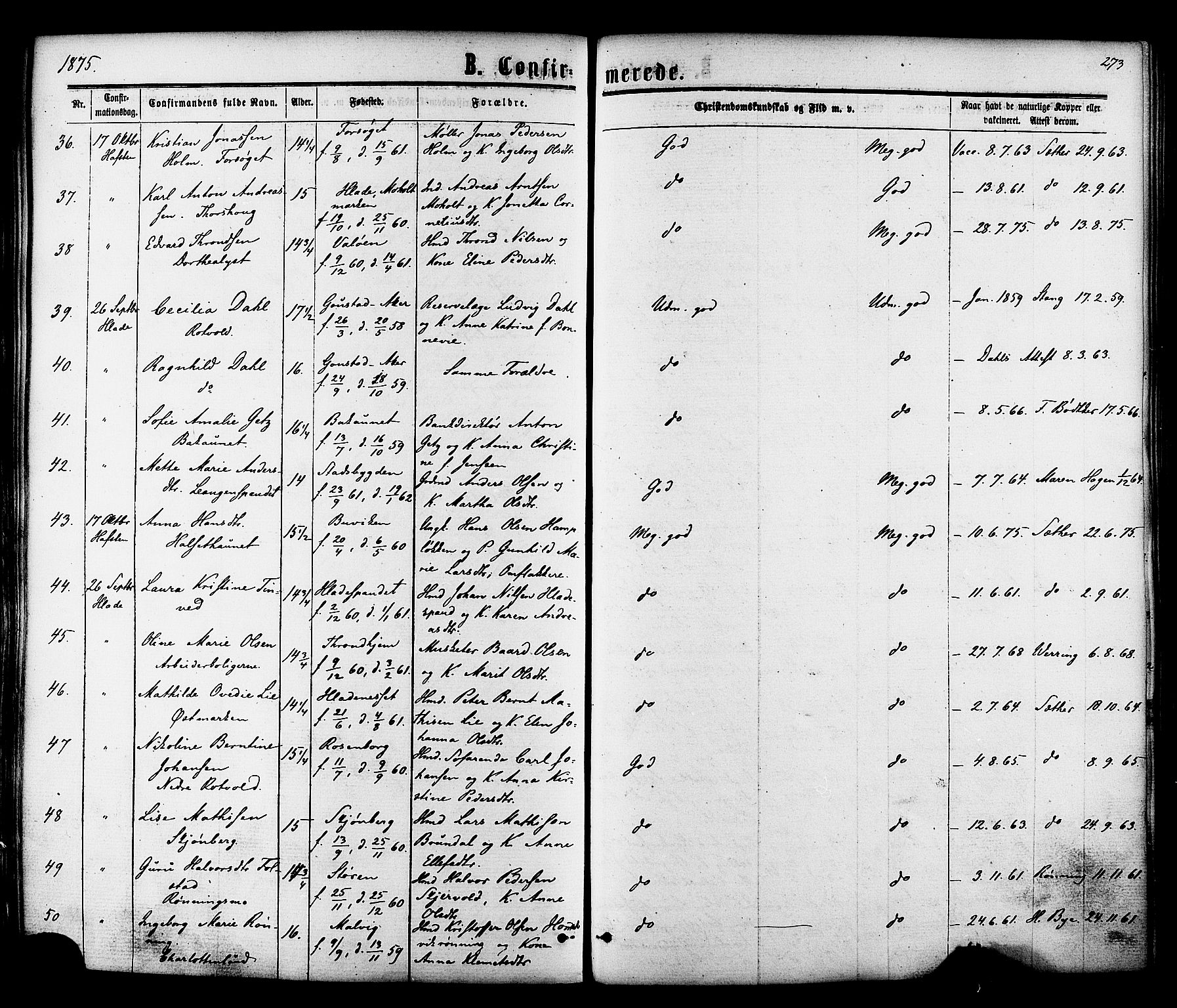 Ministerialprotokoller, klokkerbøker og fødselsregistre - Sør-Trøndelag, AV/SAT-A-1456/606/L0293: Parish register (official) no. 606A08, 1866-1877, p. 273